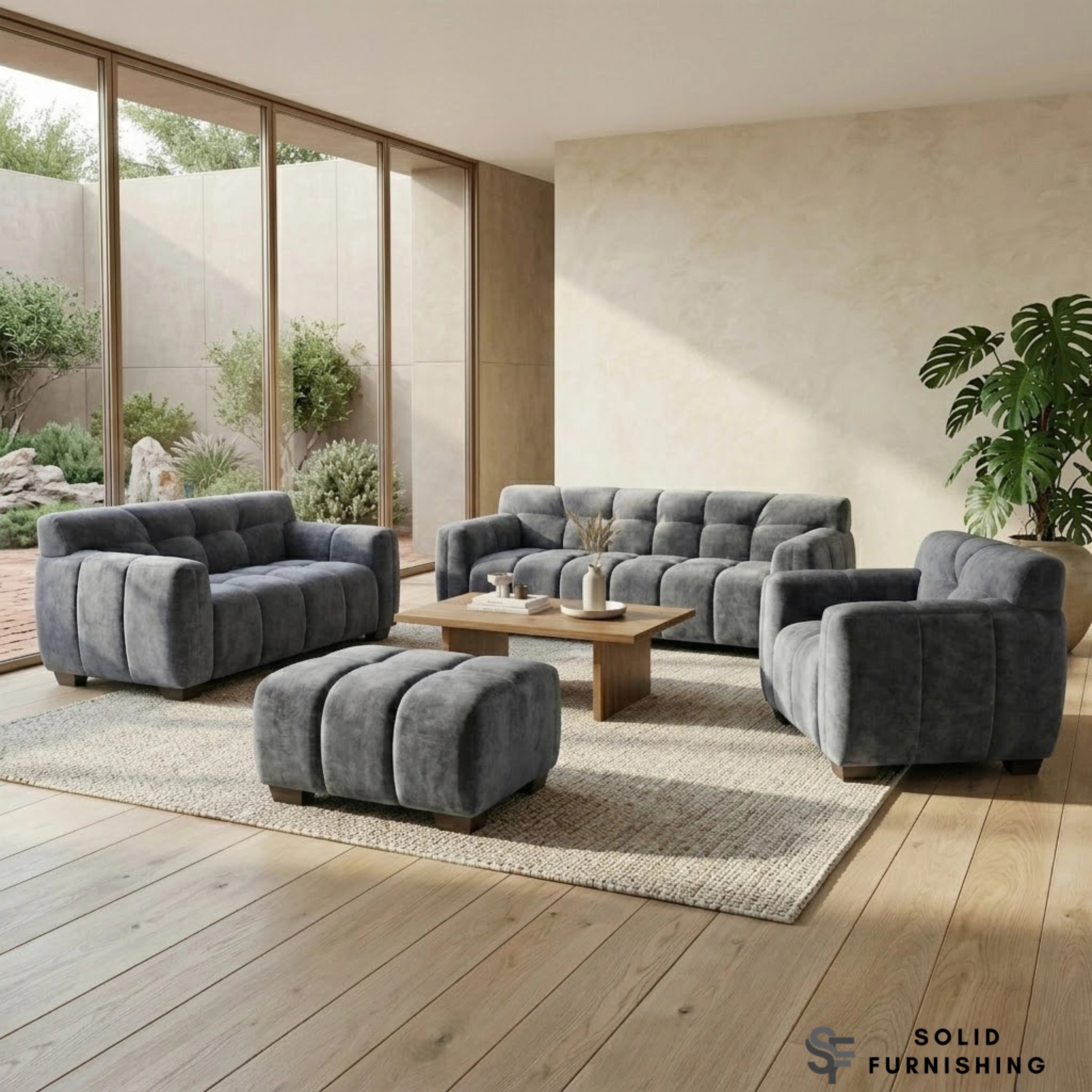 Harlem Sofa Set – Steel Grey Mermaid Velvet 3 Seater, 2 Seater, Armchair & Stool