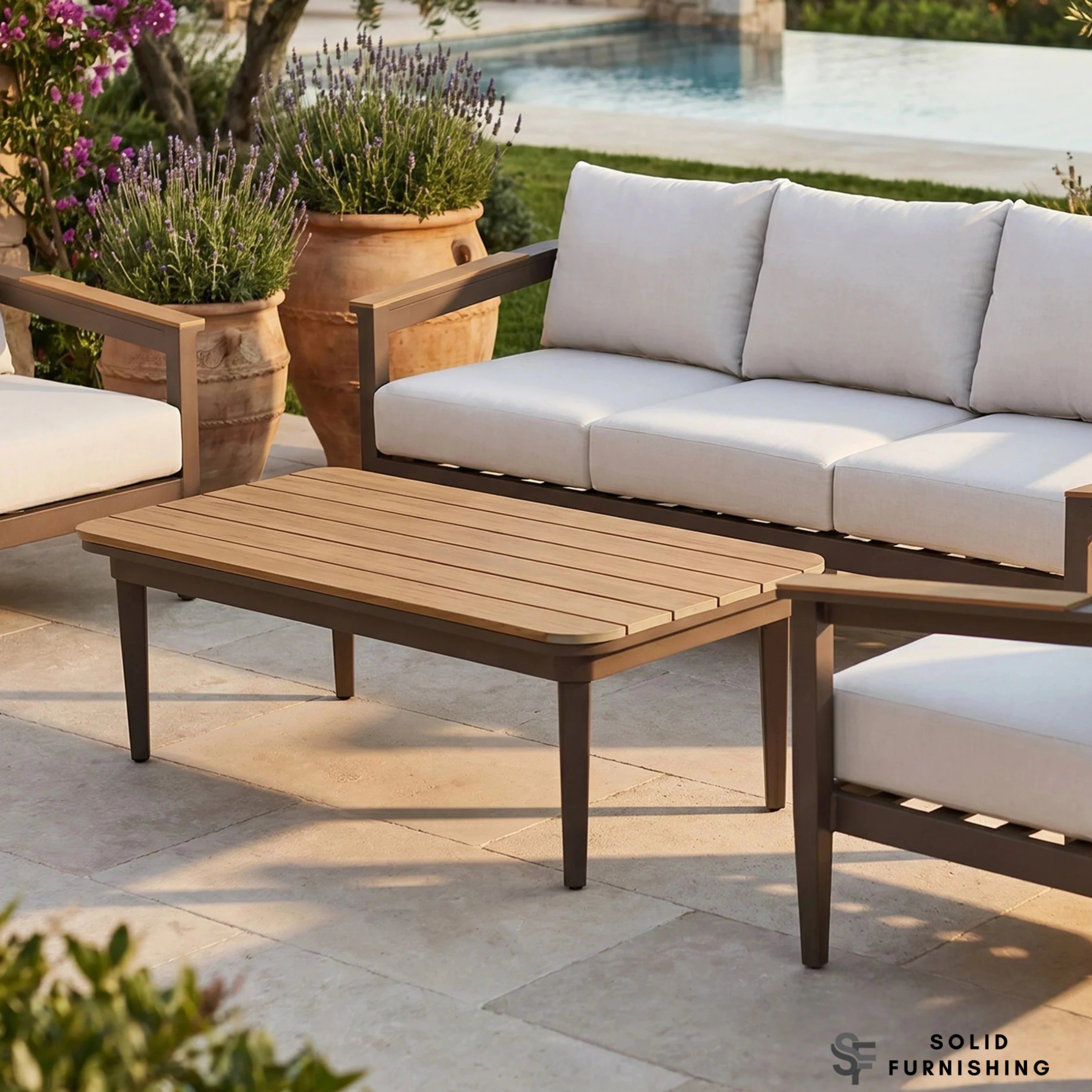 Hemera 5 Seater Luxury Garden Lounge Set – Truffle Aluminium Outdoor Sofa Set with PS Wood Coffee Table