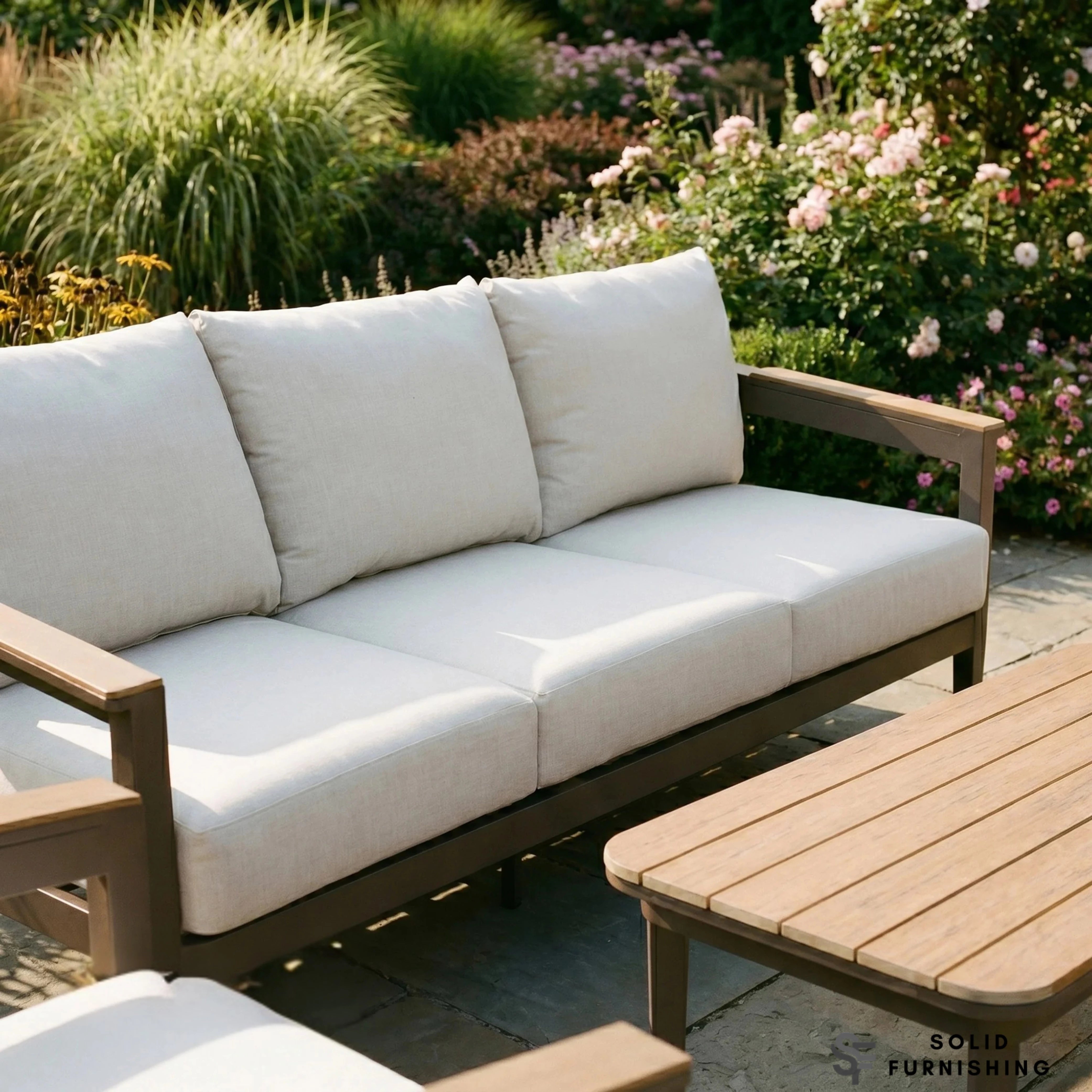 Hemera 5 Seater Luxury Garden Lounge Set – Truffle Aluminium Outdoor Sofa Set with PS Wood Coffee Table