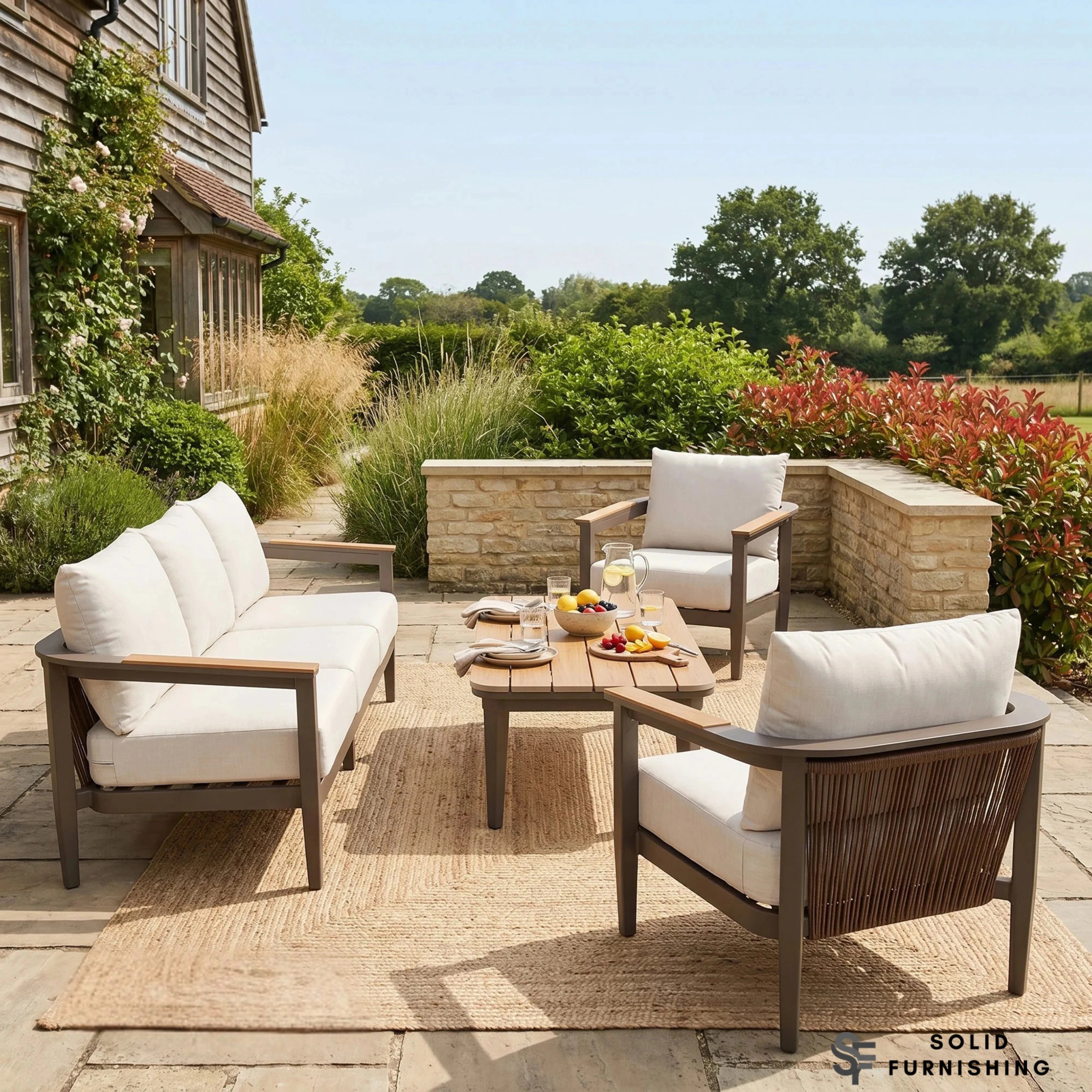 Hemera 5 Seater Luxury Garden Lounge Set – Truffle Aluminium Outdoor Sofa Set with PS Wood Coffee Table