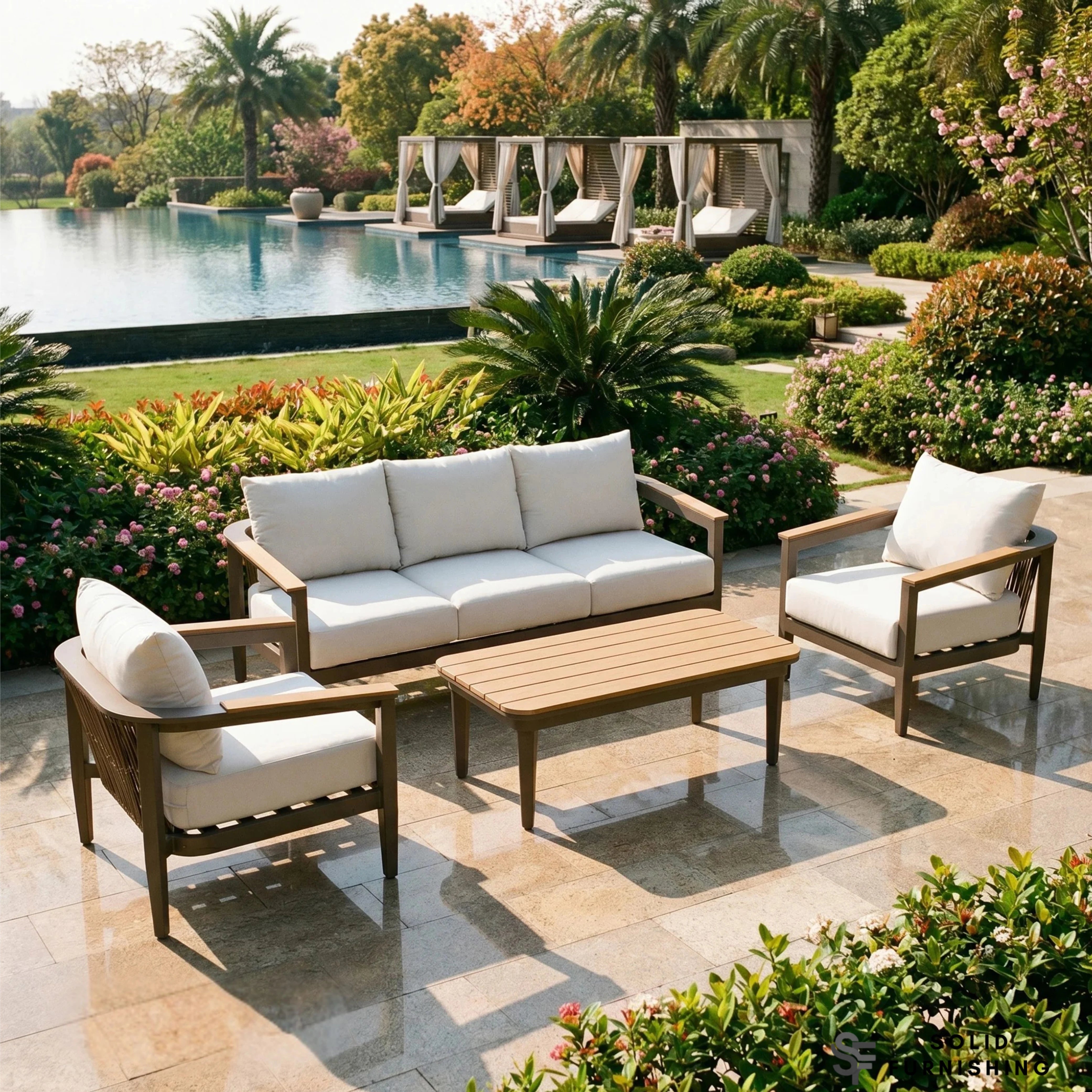 Hemera 5 Seater Luxury Garden Lounge Set – Truffle Aluminium Outdoor Sofa Set with PS Wood Coffee Table