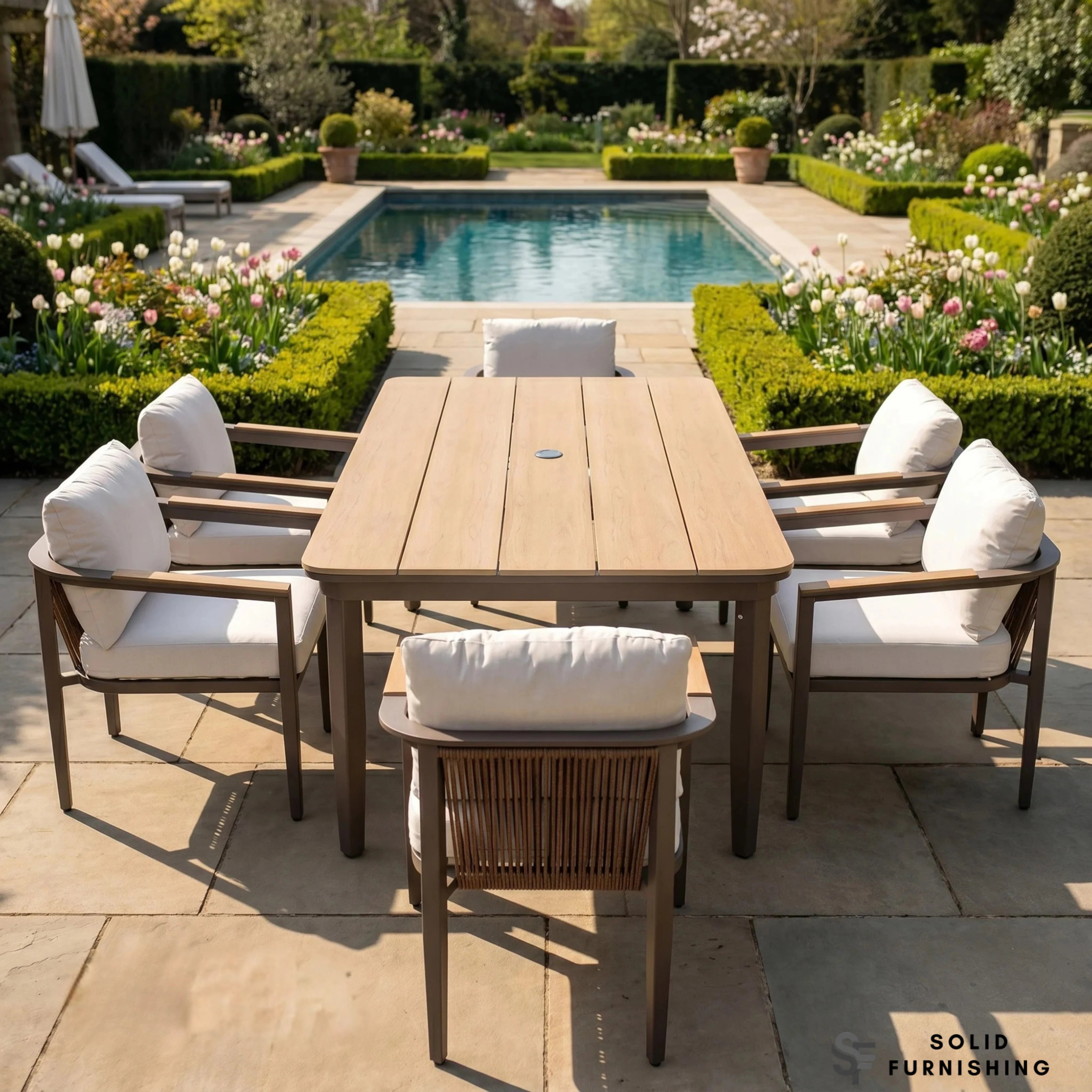 Hemera 6 Seater Luxury Garden Dining Set – Truffle Aluminium Outdoor Dining Set with PS Wood Table