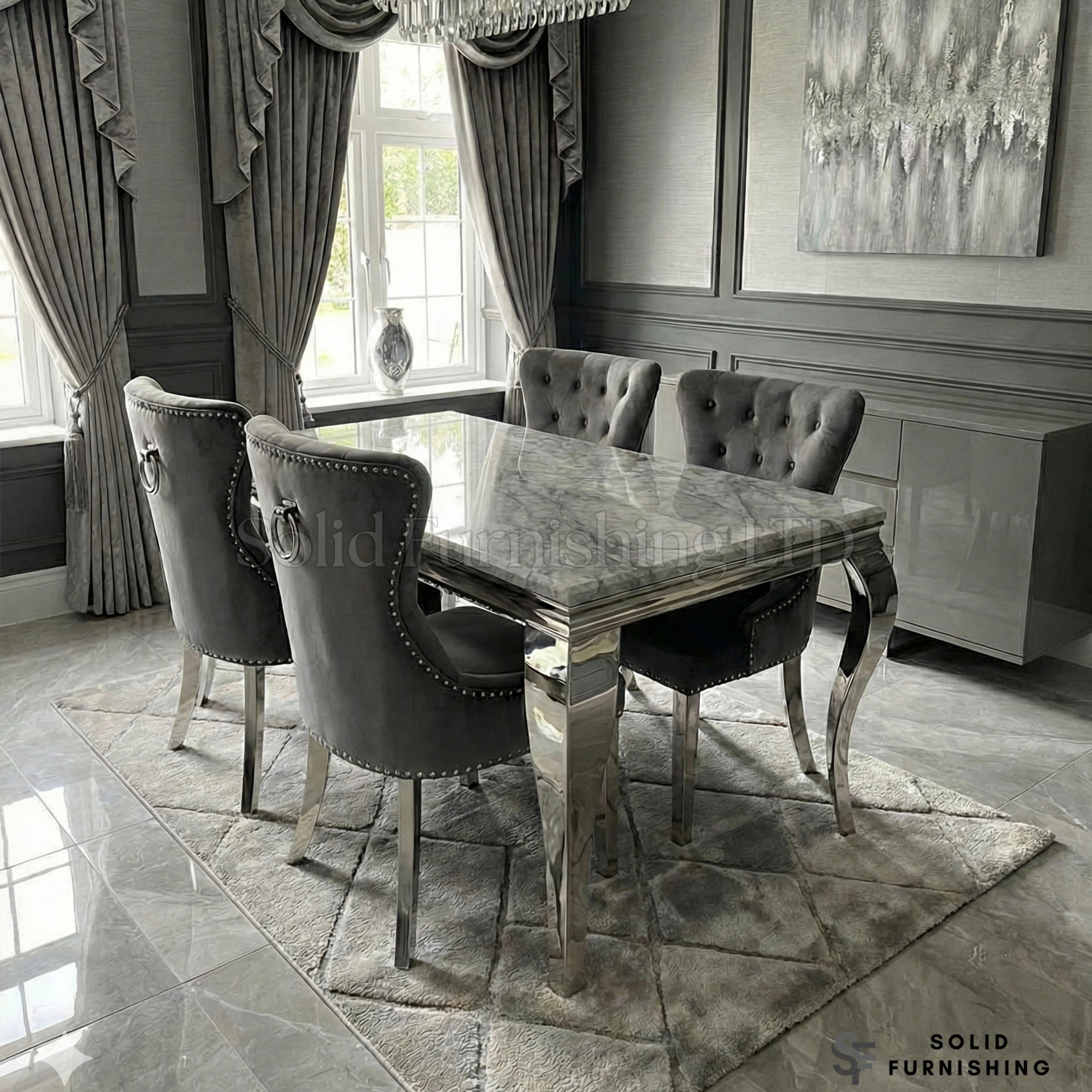 Henley Grey Velvet Ring Knocker Dining Chairs With Chrome Legs – Set of 2