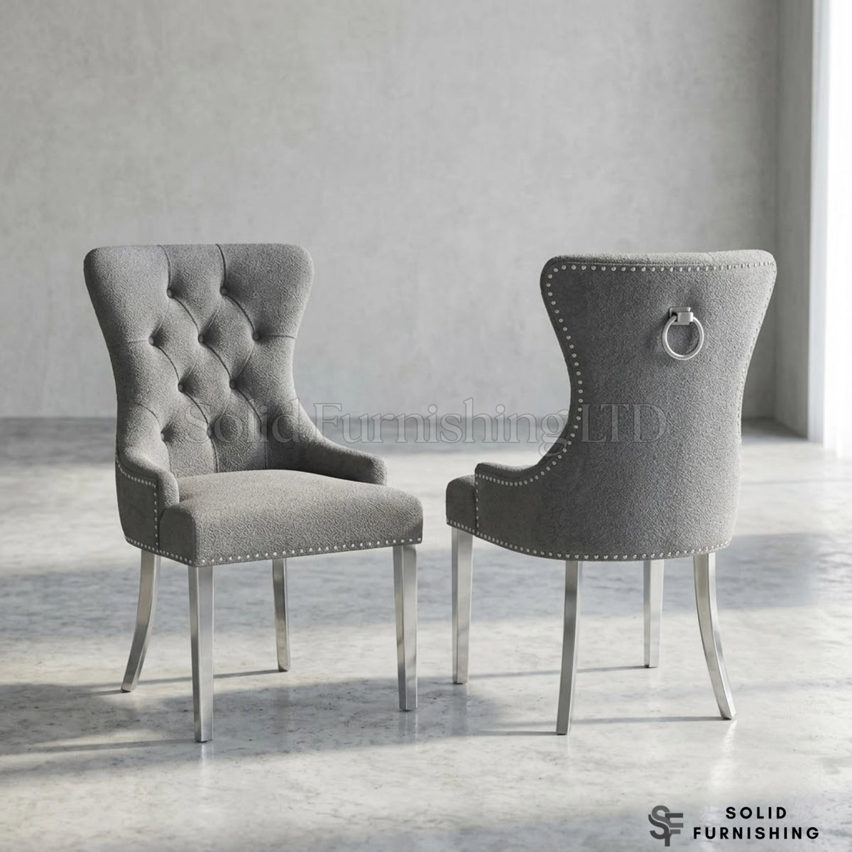 Henley Grey Velvet Ring Knocker Dining Chairs With Chrome Legs – Set of 2