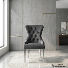 Henley Grey Velvet Ring Knocker Dining Chairs With Chrome Legs – Set of 2