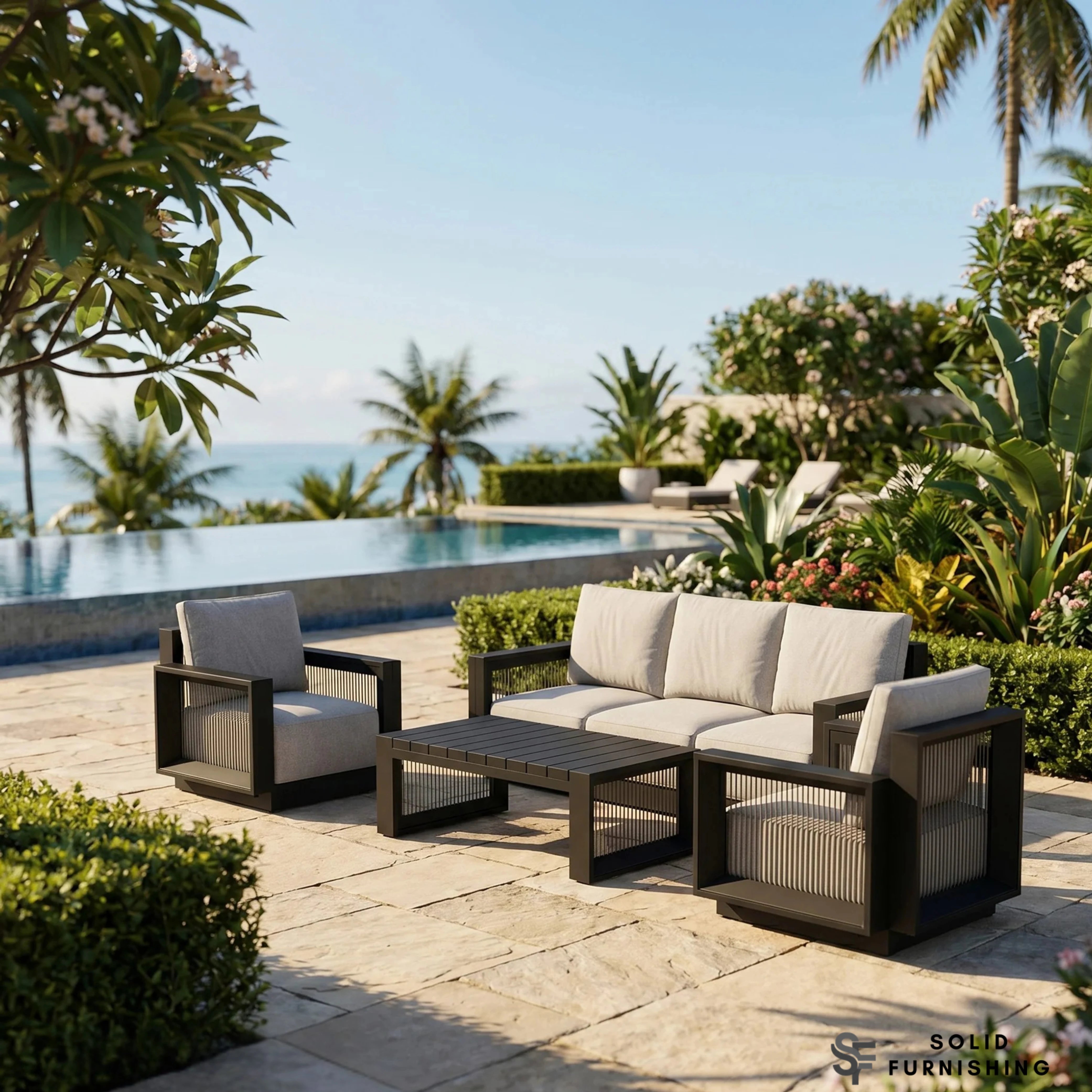 Ikos 5 Seater Luxury Garden Lounge Set – Onyx Aluminium Outdoor Sofa Set with Slat Coffee Table