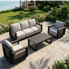 Ikos 5 Seater Luxury Garden Lounge Set – Onyx Aluminium Outdoor Sofa Set with Slat Coffee Table