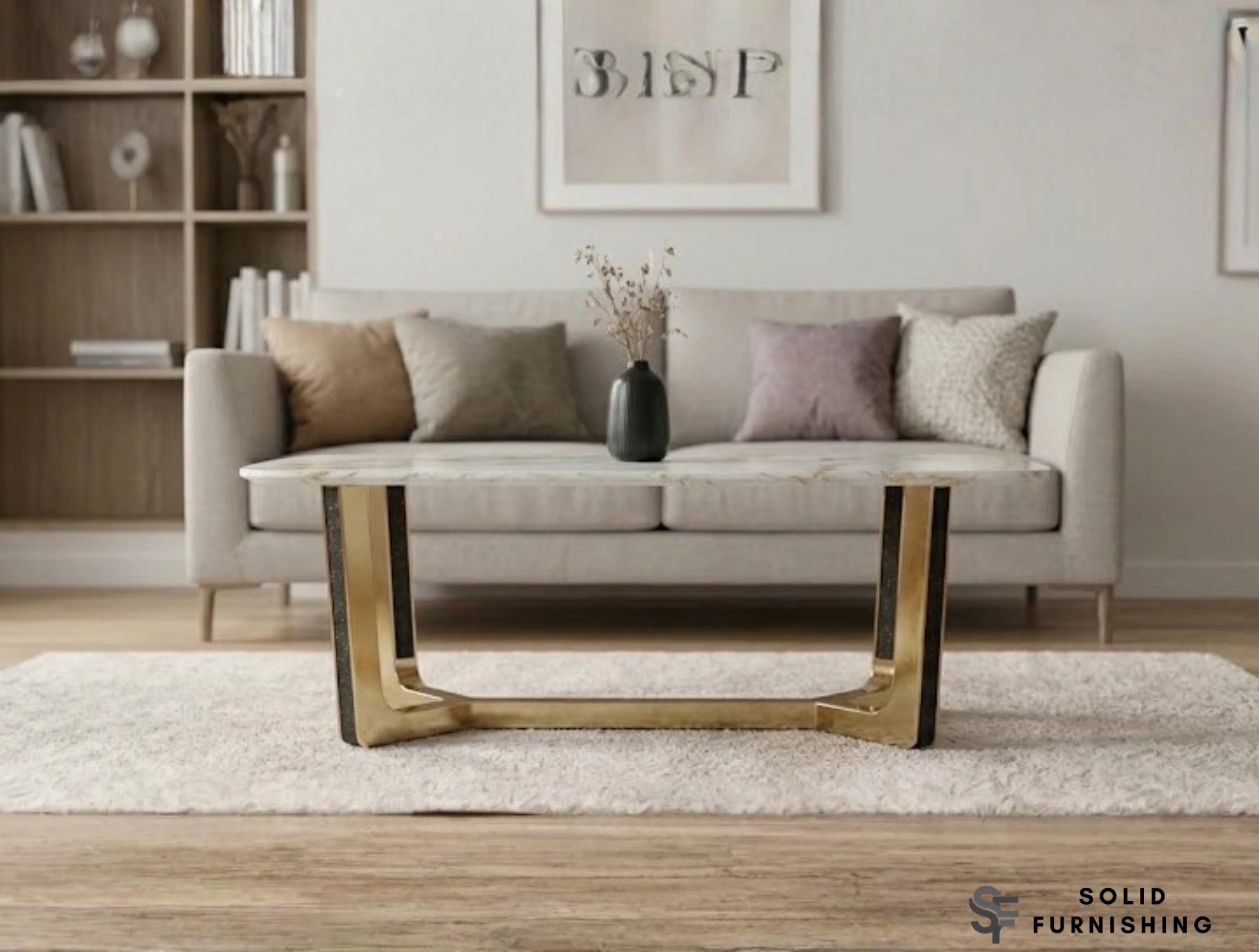 Jessica Cream & Gold Ceramic Coffee Table – Luxury Gold Frame Centre Table
