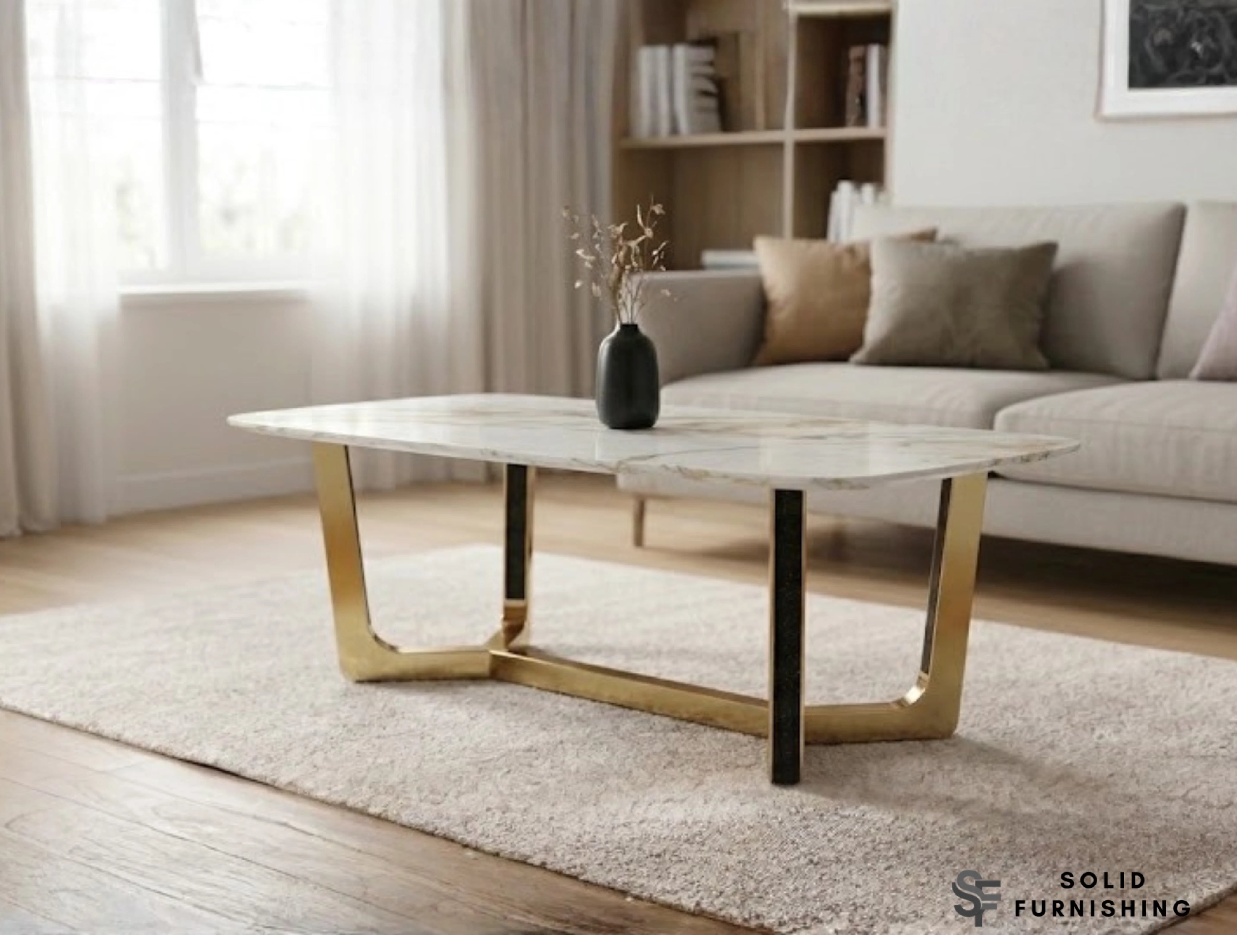 Jessica Cream & Gold Ceramic Coffee Table – Luxury Gold Frame Centre Table