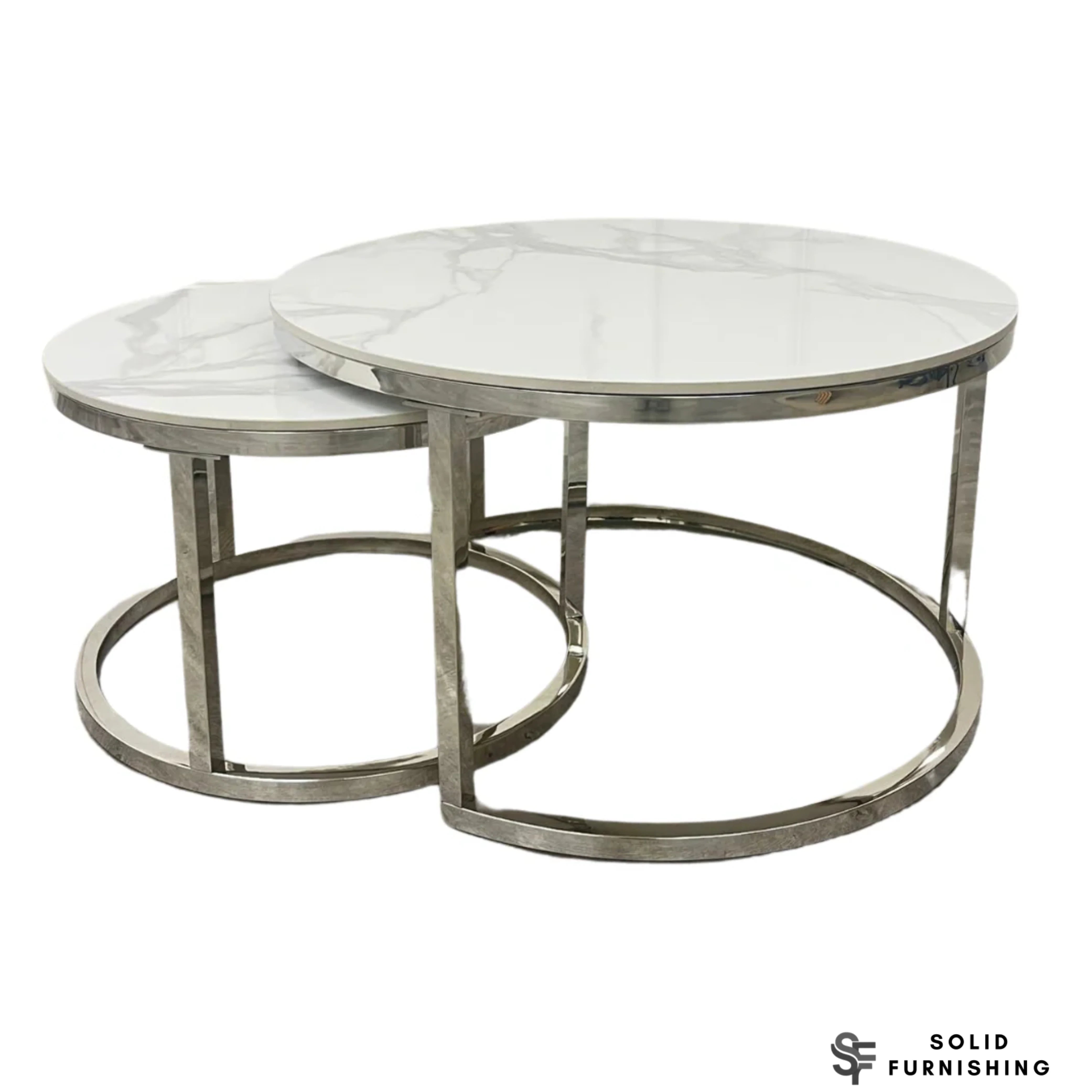 Kaito Nest of 2 Round Coffee Tables – Polar White Sintered Stone with Chrome Frame