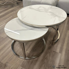 Kaito Nest of 2 Round Coffee Tables – Polar White Sintered Stone with Chrome Frame