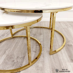 Kaito Nest of 2 Round Coffee Tables – Polar White Sintered Stone with Gold Frame