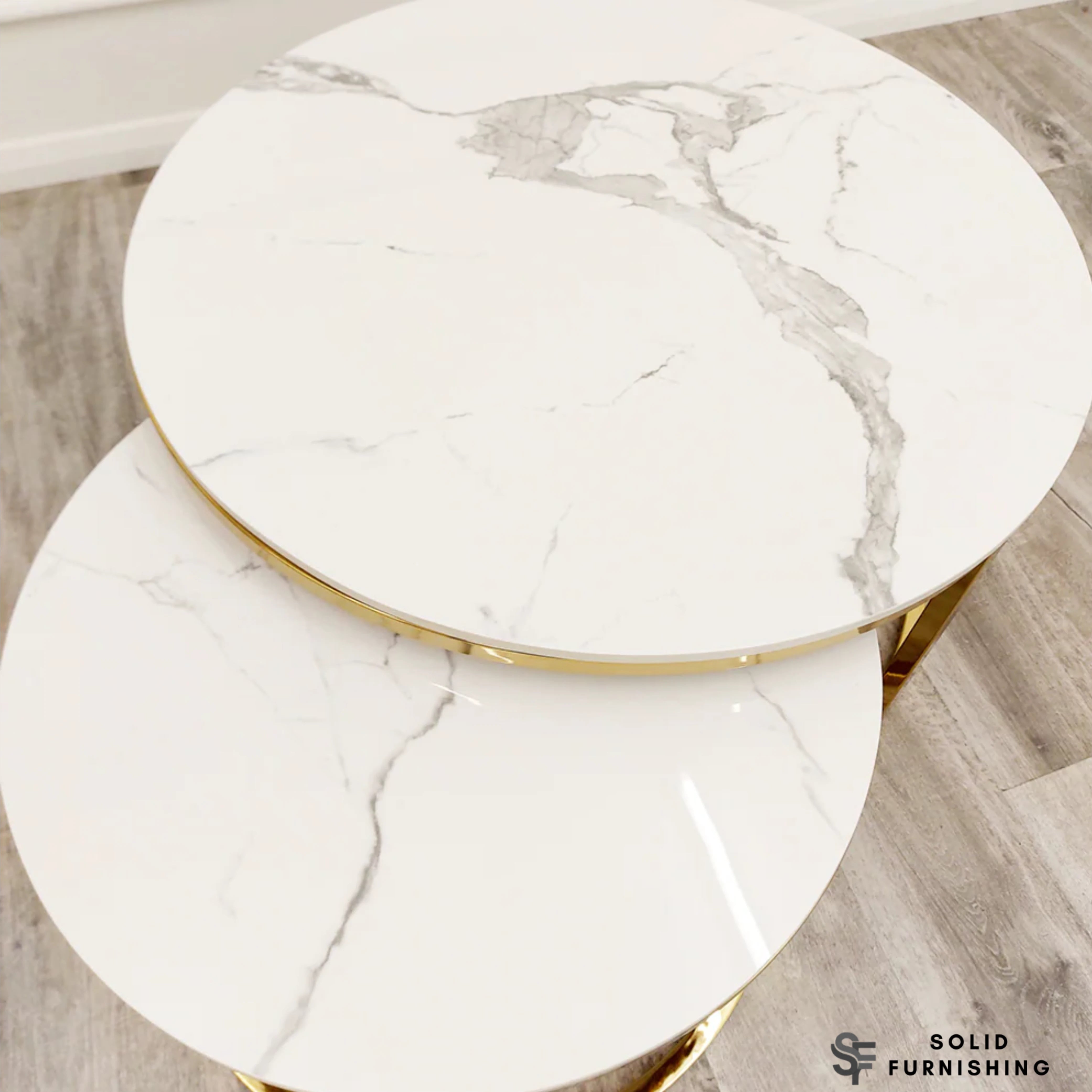 Kaito Nest of 2 Round Coffee Tables – Polar White Sintered Stone with Gold Frame