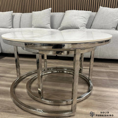 Kaito Nest of 2 Round Coffee Tables – Polar White Sintered Stone with Chrome Frame