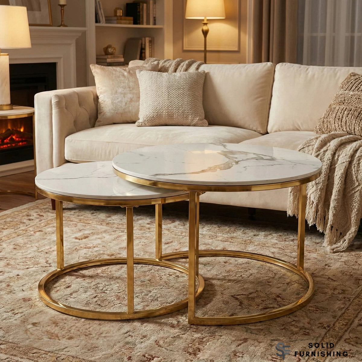 Kaito Nest of 2 Round Coffee Tables – Polar White Sintered Stone with Gold Frame