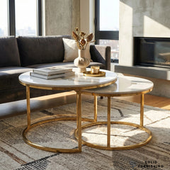 Kaito Nest of 2 Round Coffee Tables – Polar White Sintered Stone with Gold Frame