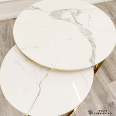 Kaito Nest of 2 Round Coffee Tables – Polar White Sintered Stone with Gold Frame
