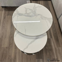 Kaito Nest of 2 Round Coffee Tables – Polar White Sintered Stone with Chrome Frame