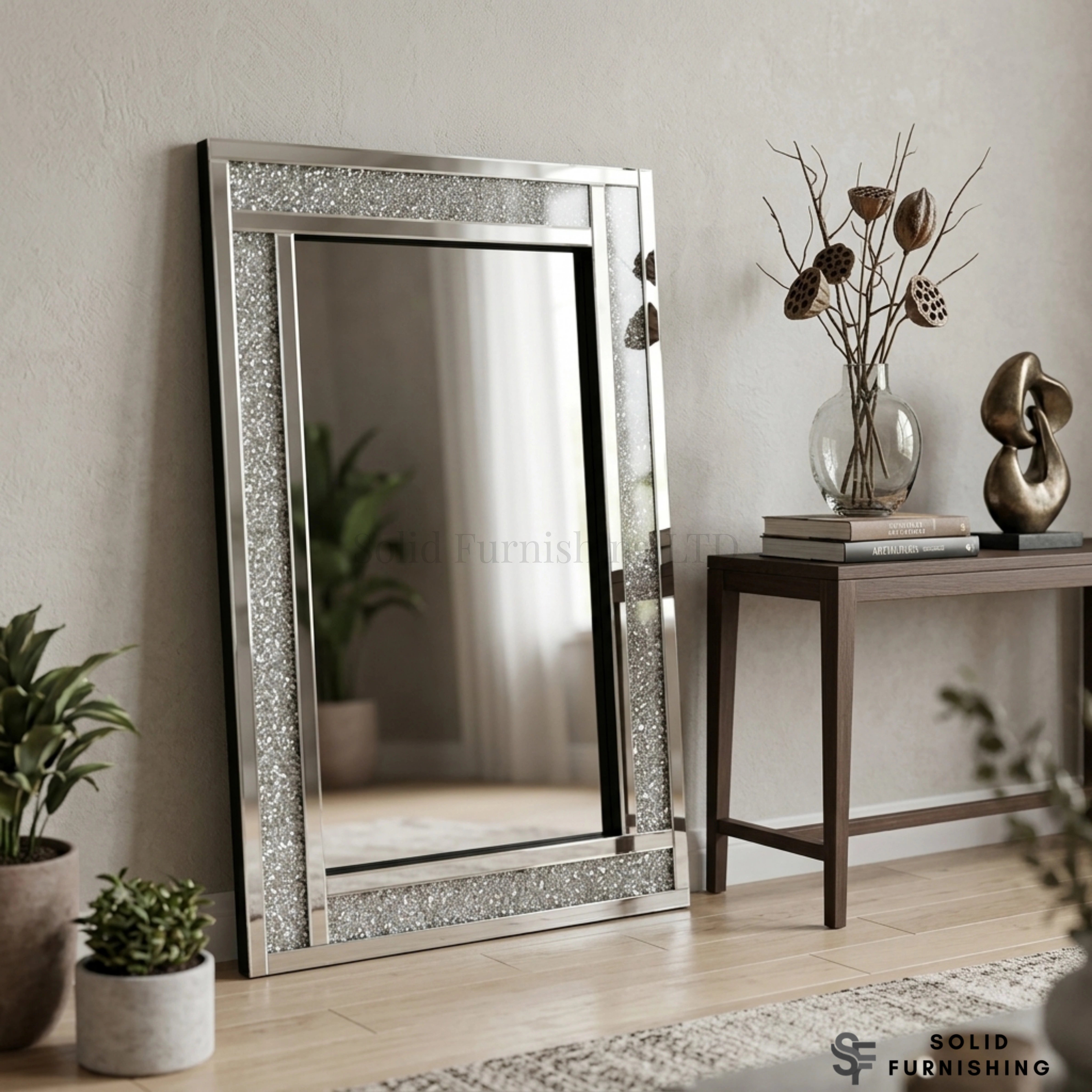 Large Crushed Diamond Wall Mirror – Silver Rectangular Decorative Mirror UK