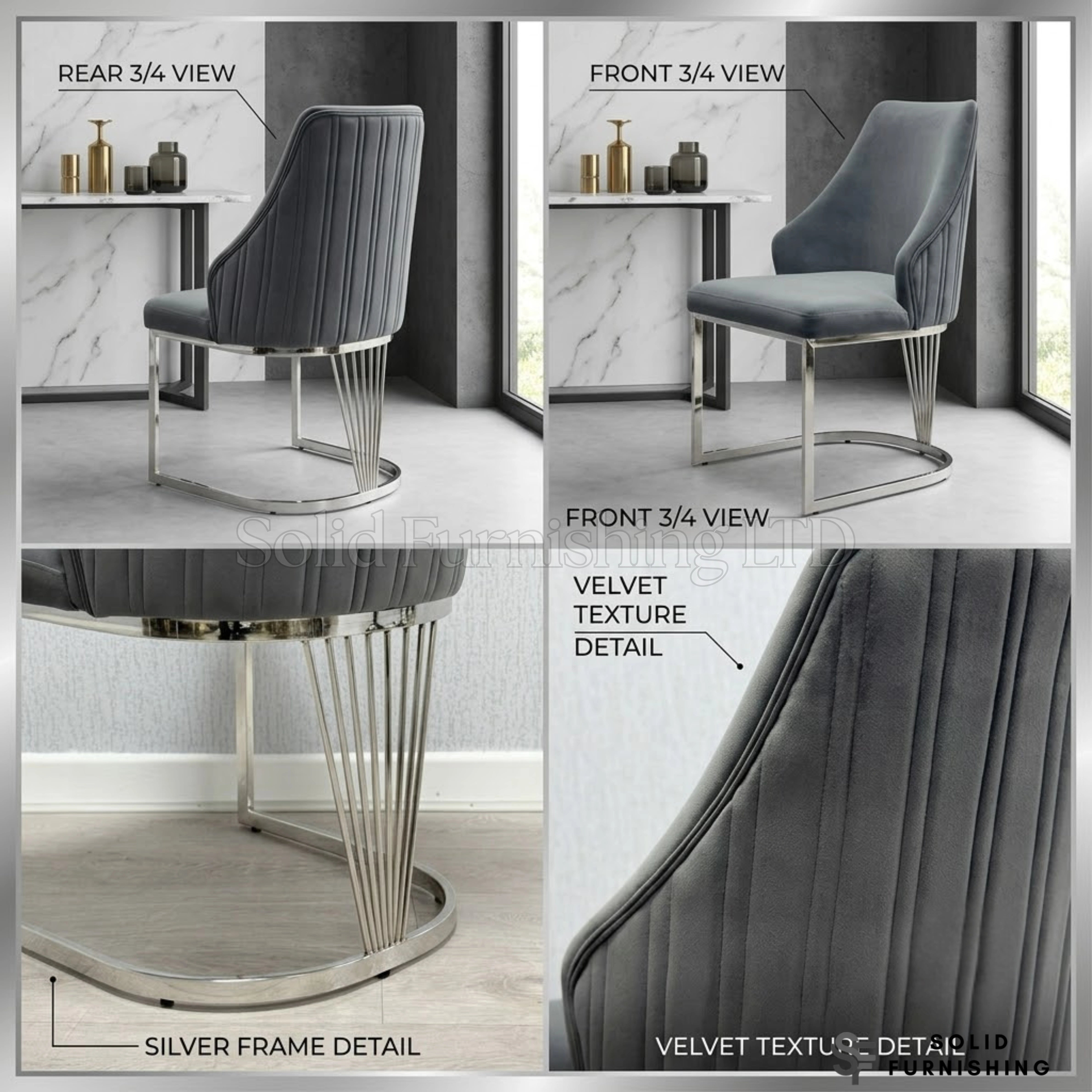 Lasco Grey Velvet Dining Chairs with Chrome Legs – Set of 2