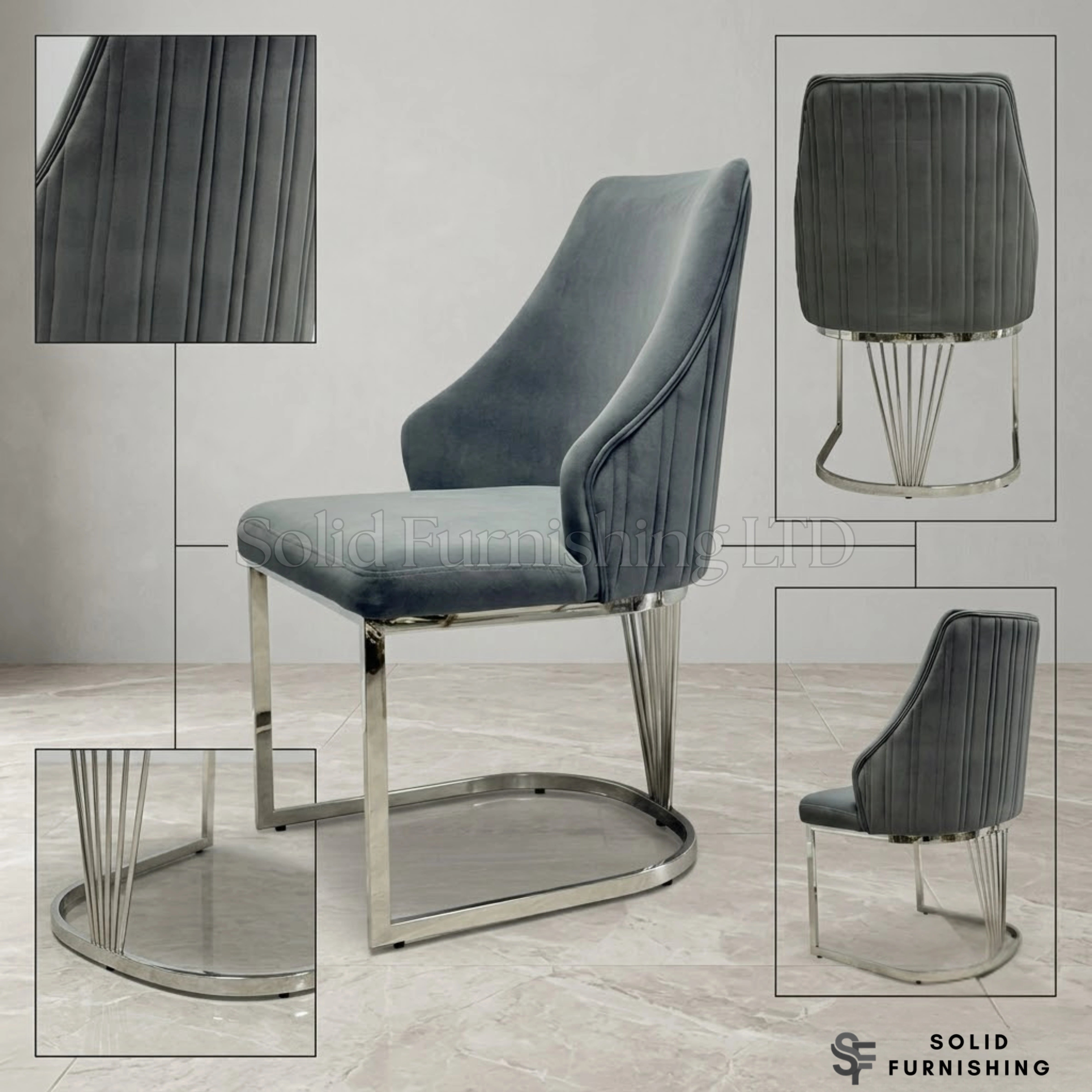 Lasco Grey Velvet Dining Chairs with Chrome Legs – Set of 2