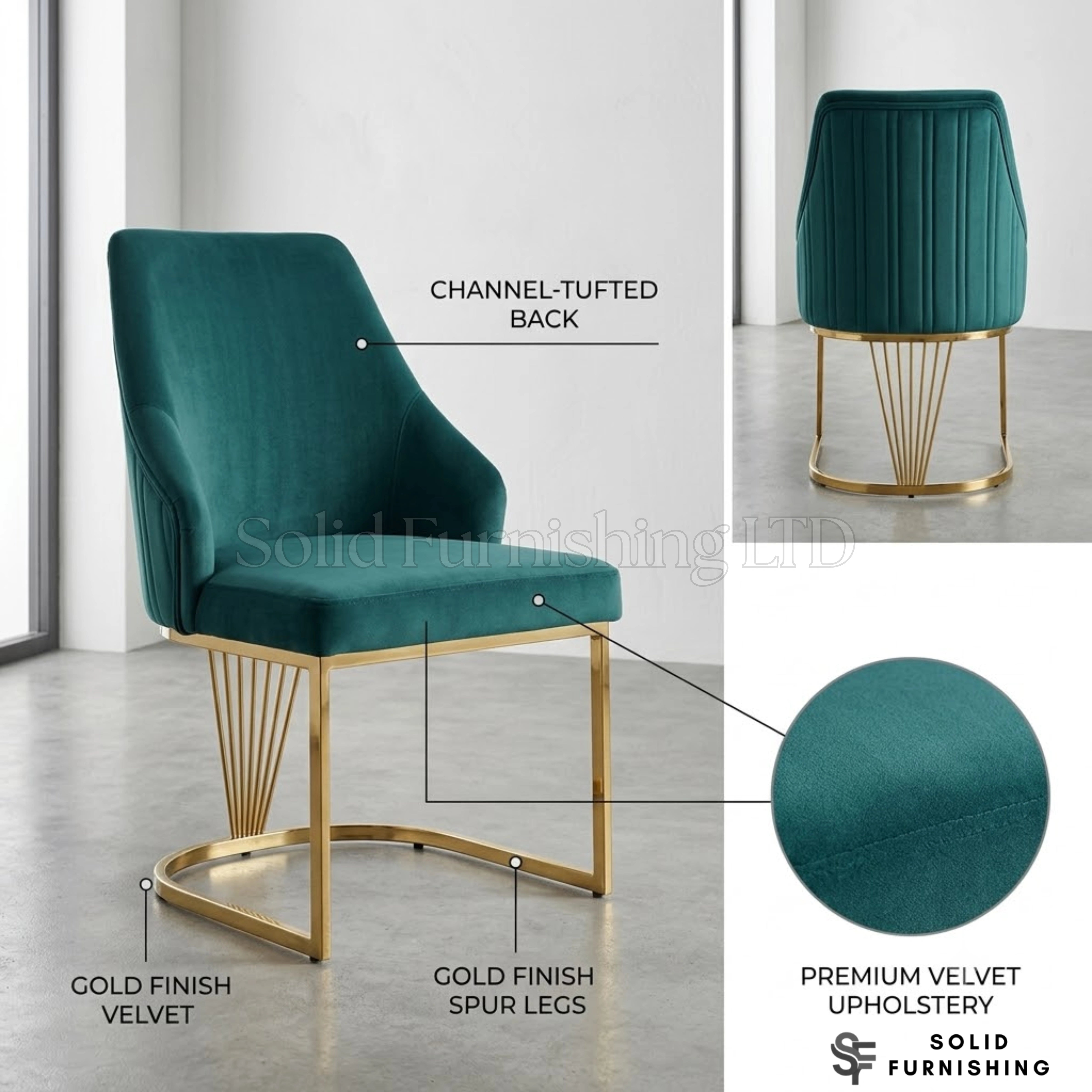 Lasco Plush Velvet Dining Chairs – Black, Cream or Green With Gold Legs (Set of 2)