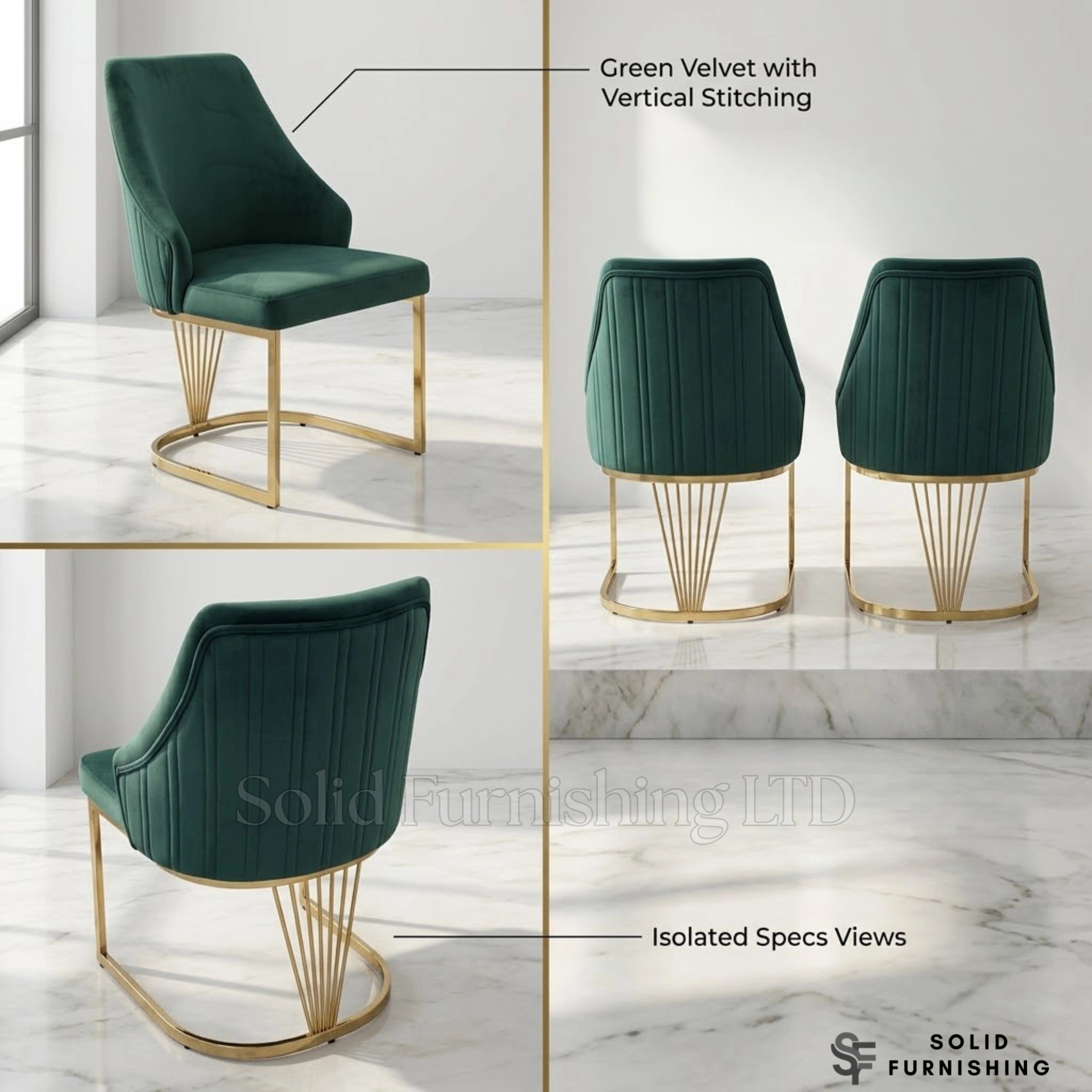 Lasco Plush Velvet Dining Chairs – Black, Cream or Green With Gold Legs (Set of 2)