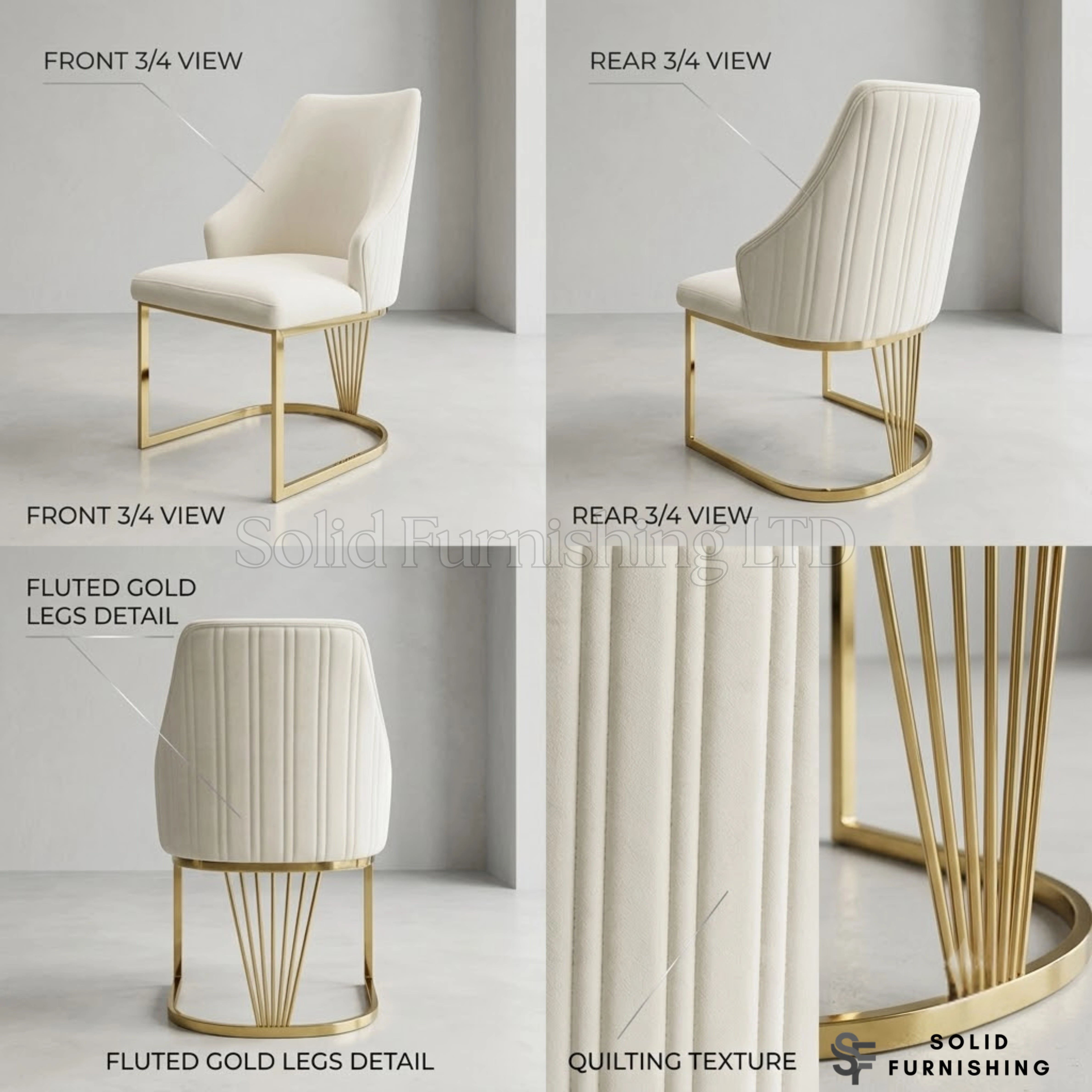 Lasco Plush Velvet Dining Chairs – Black, Cream or Green With Gold Legs (Set of 2)