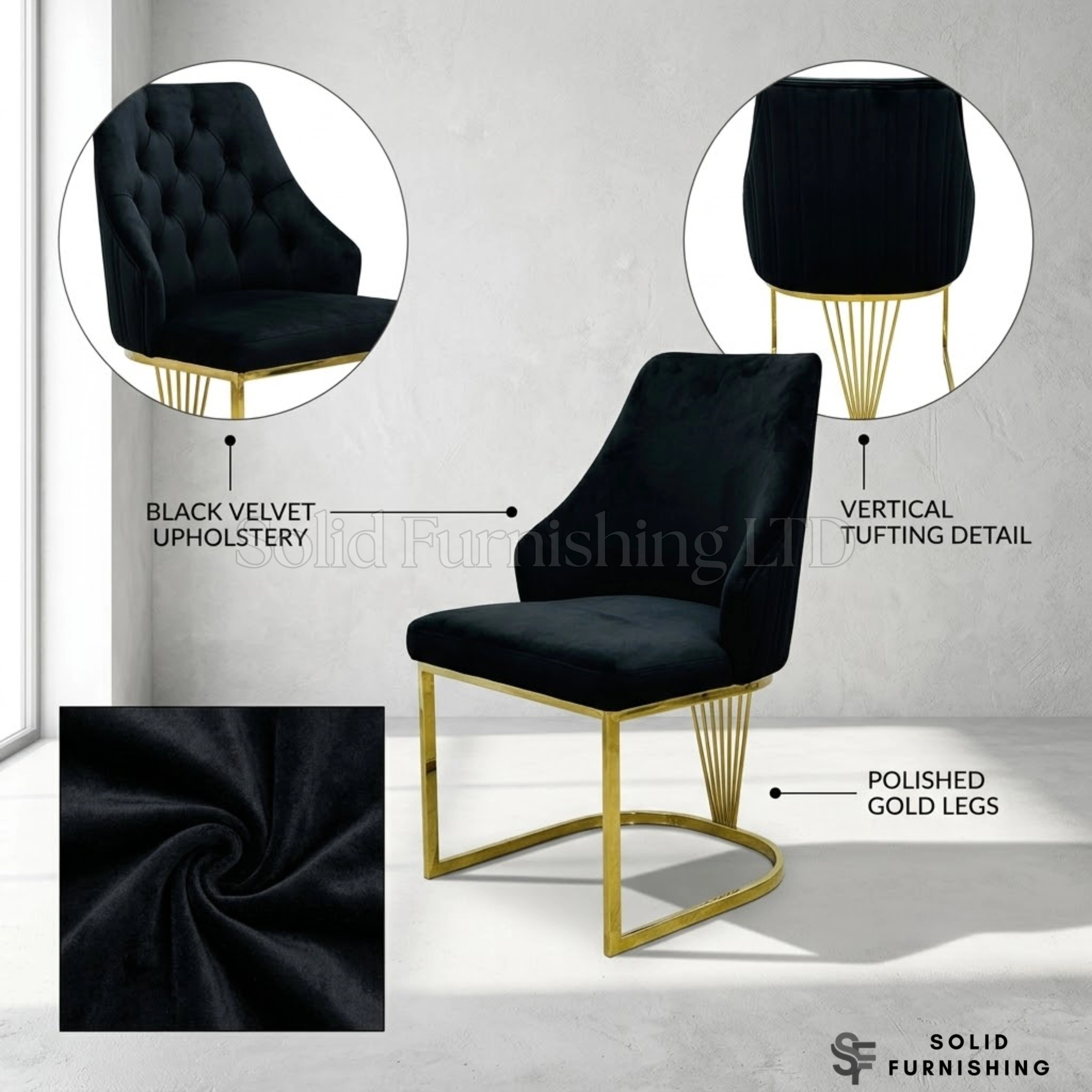 Lasco Plush Velvet Dining Chairs – Black, Cream or Green With Gold Legs (Set of 2)