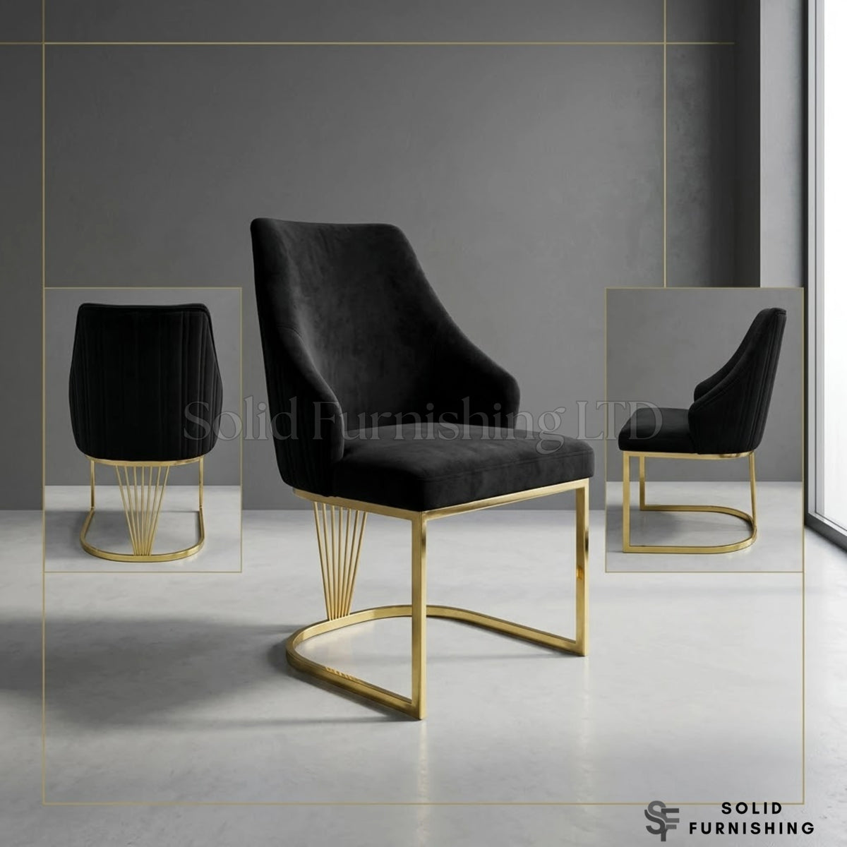 Lasco Plush Velvet Dining Chairs – Black, Cream or Green With Gold Legs (Set of 2)