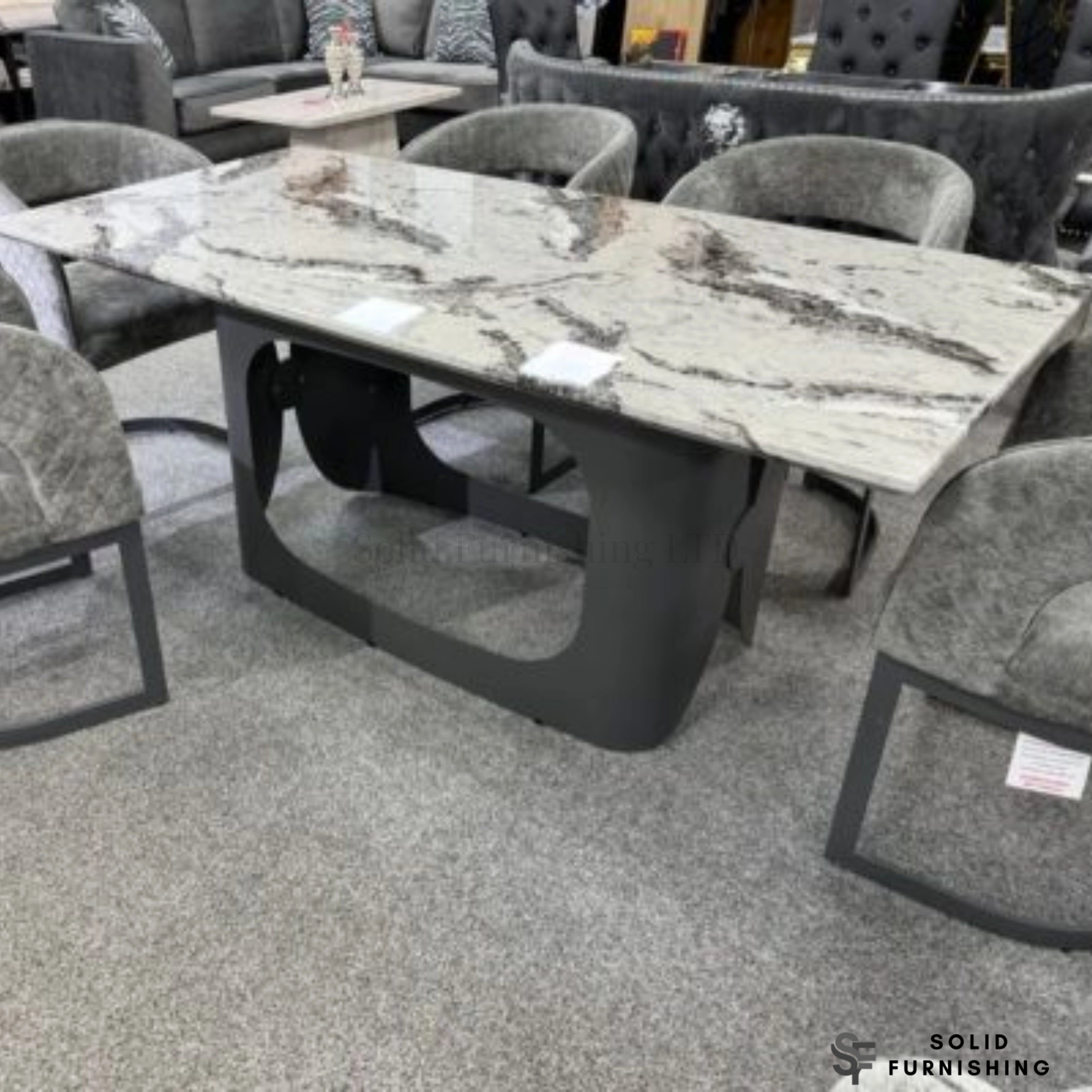 Lina 180cm Grey Marble Dining Table – Modern Sculptural Metal Base Table