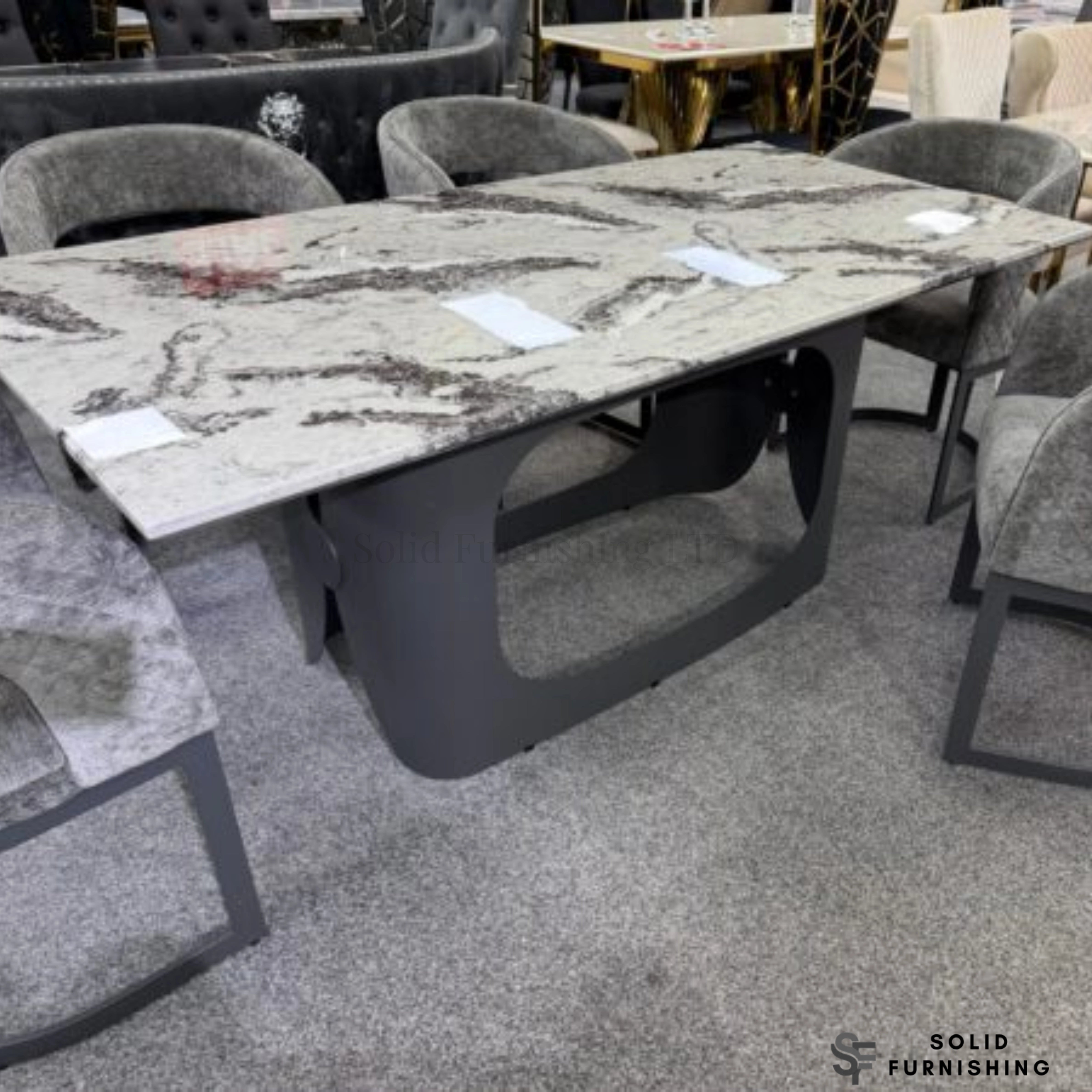 Lina 180cm Grey Marble Dining Table – Modern Sculptural Metal Base Table