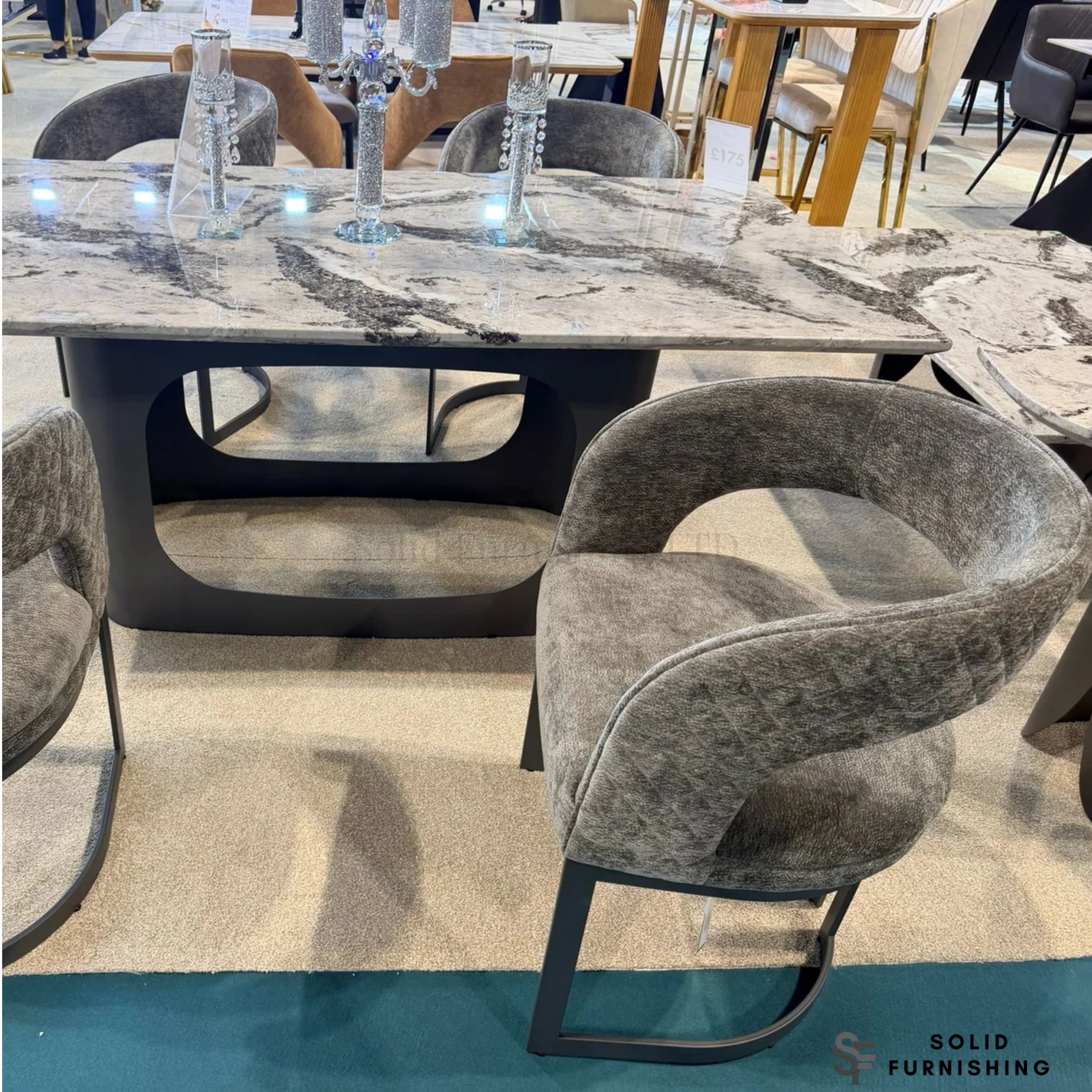 Lina 180cm Grey Marble Dining Table with Grey Bouclé Dining Chairs – Modern Dining Set UK
