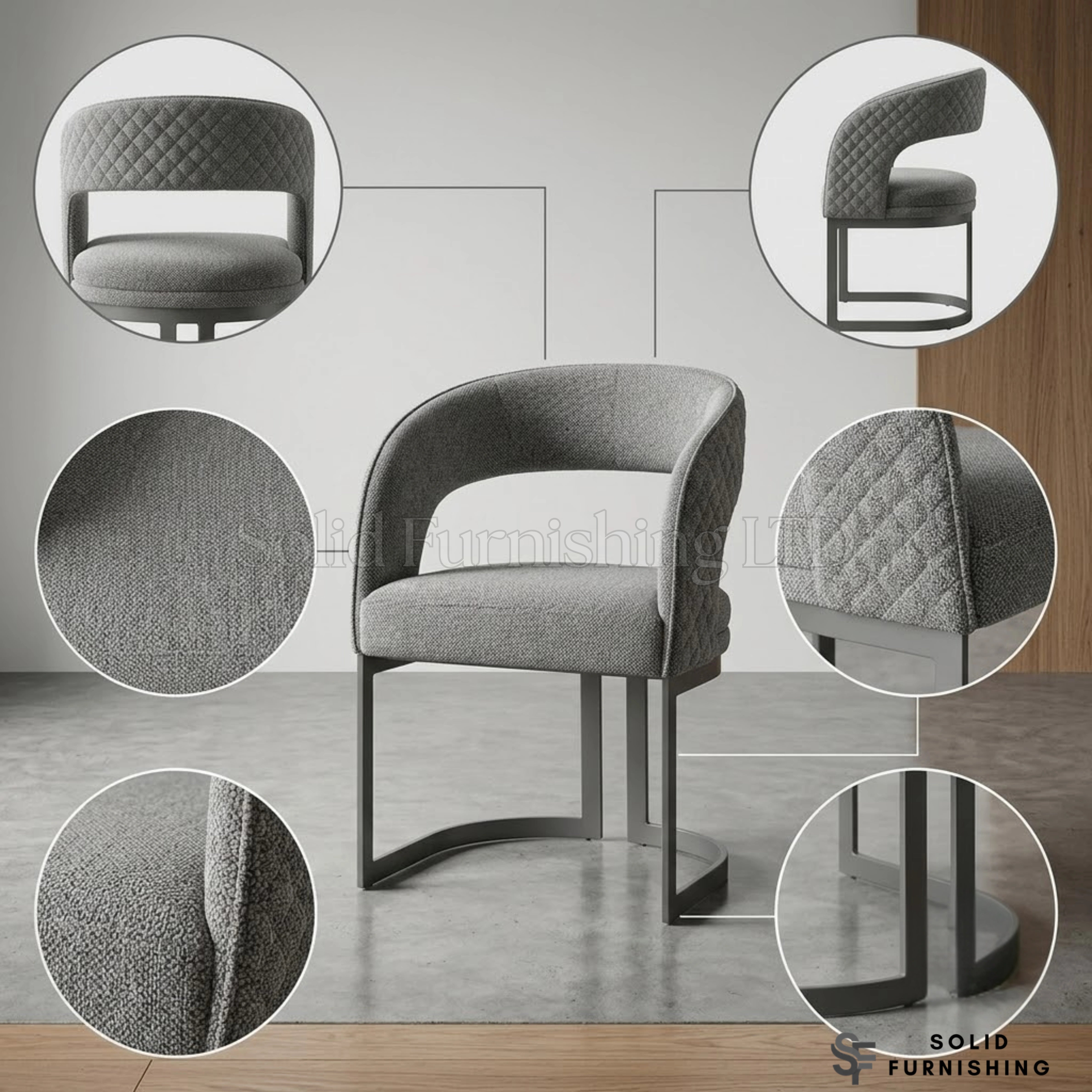 Lina Grey Bouclé Fabric Dining Chairs – Grey Metal Base (Set of 2)