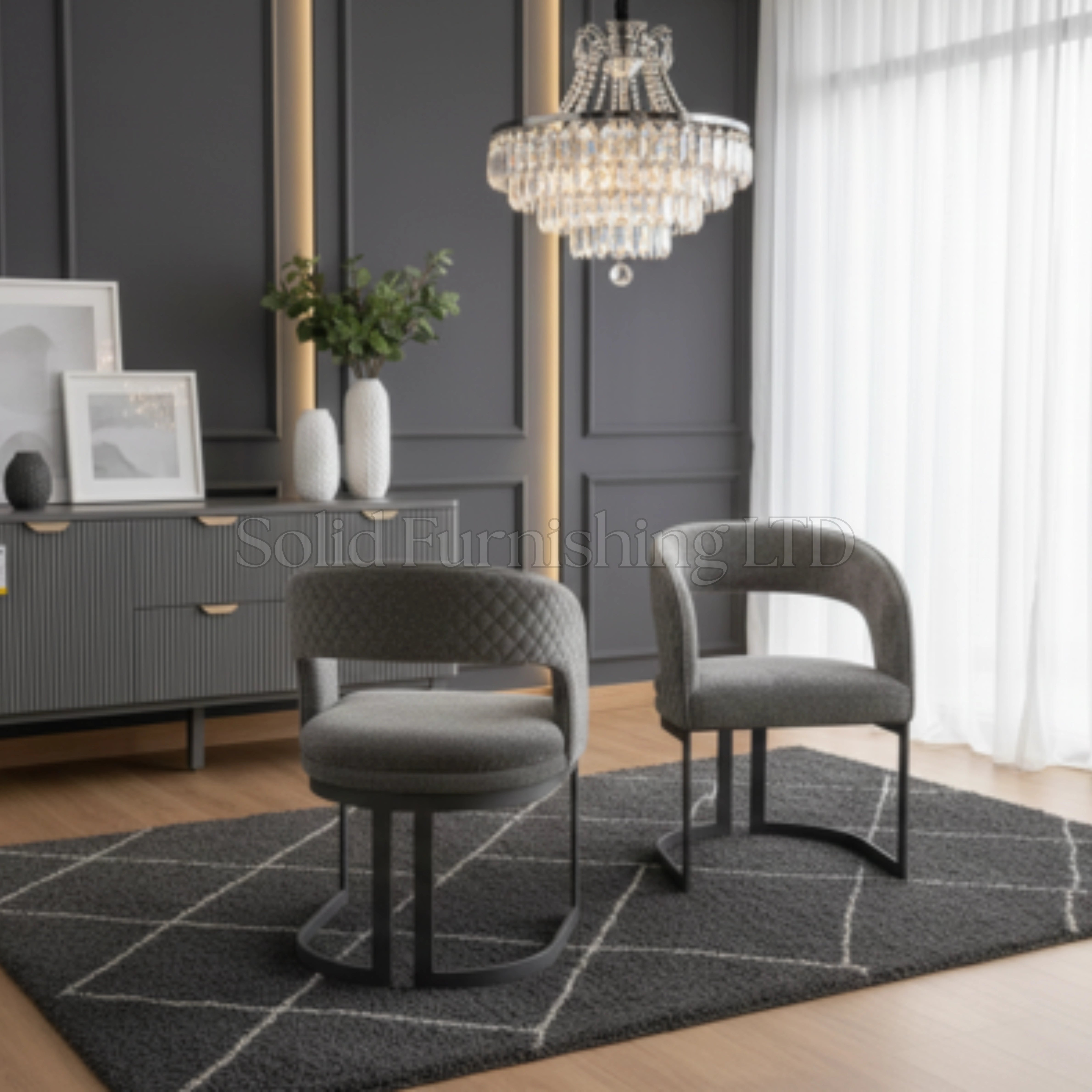 Lina Grey Bouclé Fabric Dining Chairs – Grey Metal Base (Set of 2)