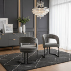 Lina Grey Bouclé Fabric Dining Chairs – Grey Metal Base (Set of 2)