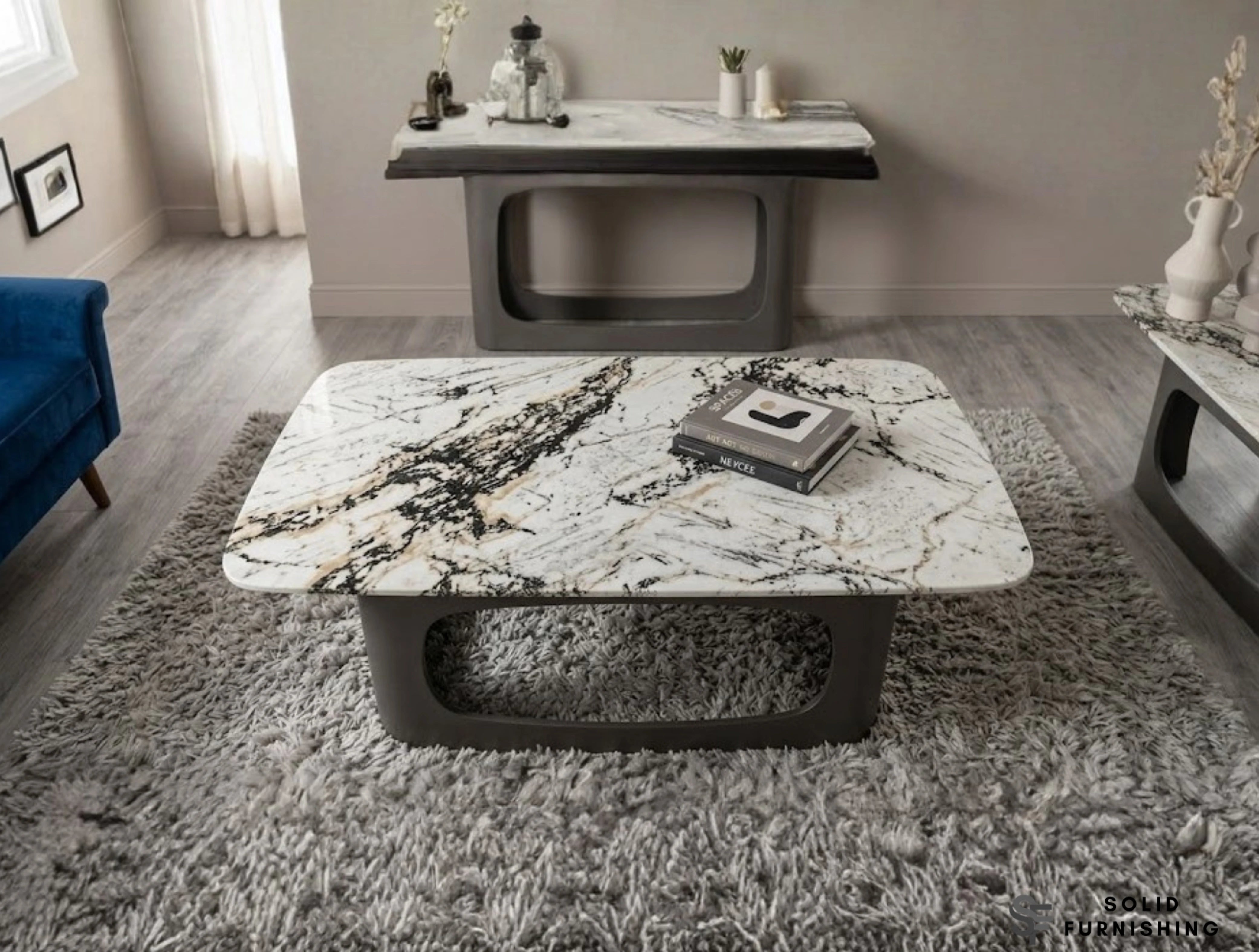Lina Grey Marble Coffee Table – Real Marble Top with Grey Metal Base