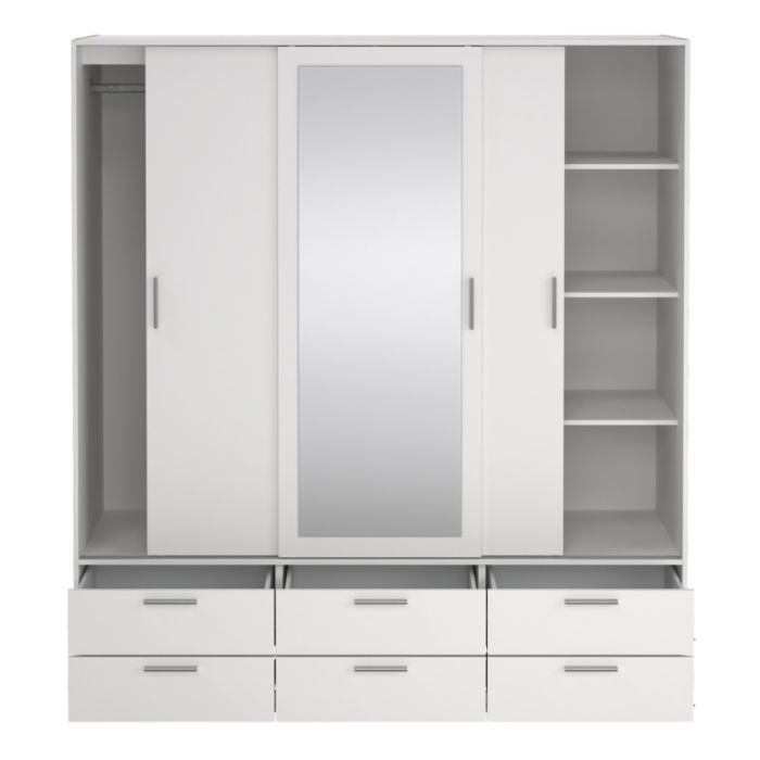Line White 3 Sliding Door Wardrobe with 6 Drawers – Modern Bedroom Storage Wardrobe