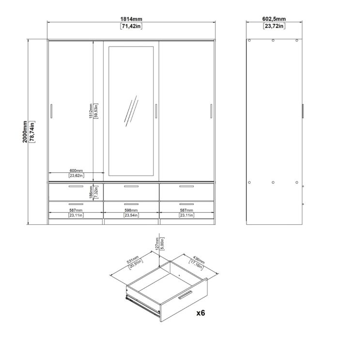 Line White 3 Sliding Door Wardrobe with 6 Drawers – Modern Bedroom Storage Wardrobe
