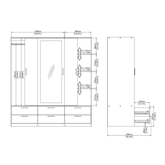 Line White 3 Sliding Door Wardrobe with 6 Drawers – Modern Bedroom Storage Wardrobe