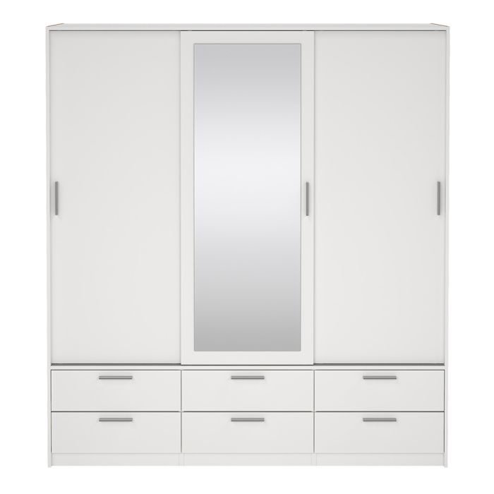 Line White 3 Sliding Door Wardrobe with 6 Drawers – Modern Bedroom Storage Wardrobe