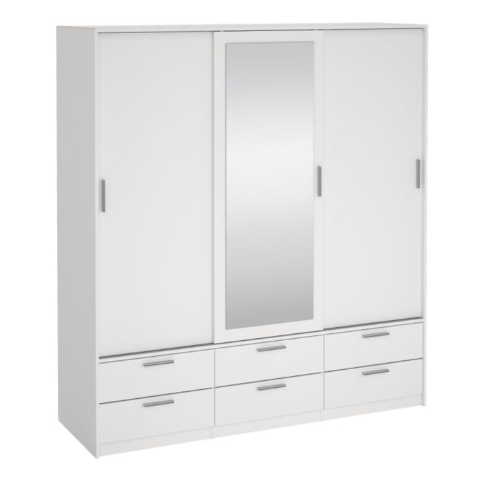 Line White 3 Sliding Door Wardrobe with 6 Drawers – Modern Bedroom Storage Wardrobe