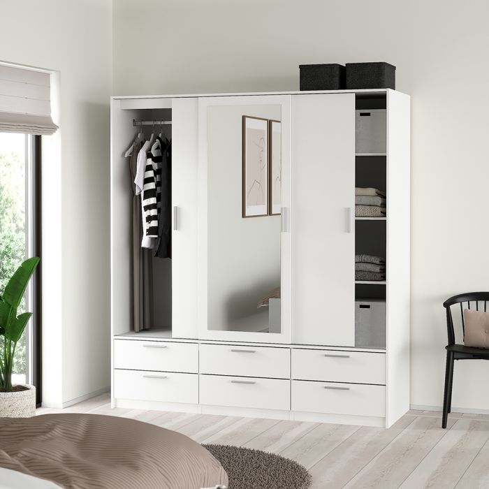 Line White 3 Sliding Door Wardrobe with 6 Drawers – Modern Bedroom Storage Wardrobe