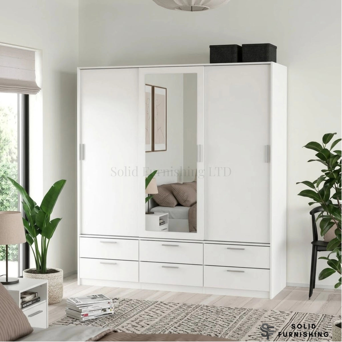Line White 3 Sliding Door Wardrobe with 6 Drawers – Modern Bedroom Storage Wardrobe