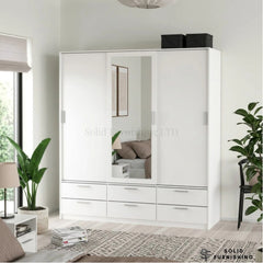 Line White 3 Sliding Door Wardrobe with 6 Drawers – Modern Bedroom Storage Wardrobe