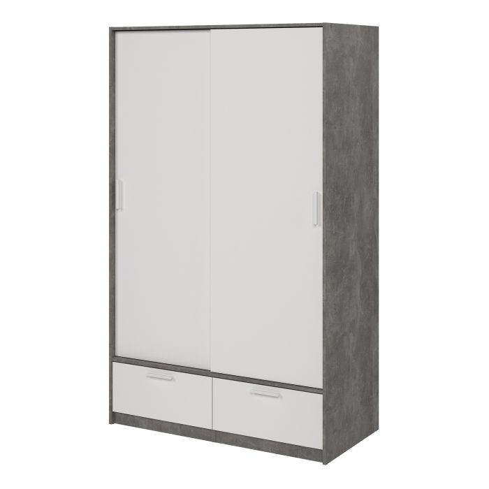 Line White & Concrete Sliding Wardrobe with 2 Drawers – Modern Bedroom Storage Wardrobe
