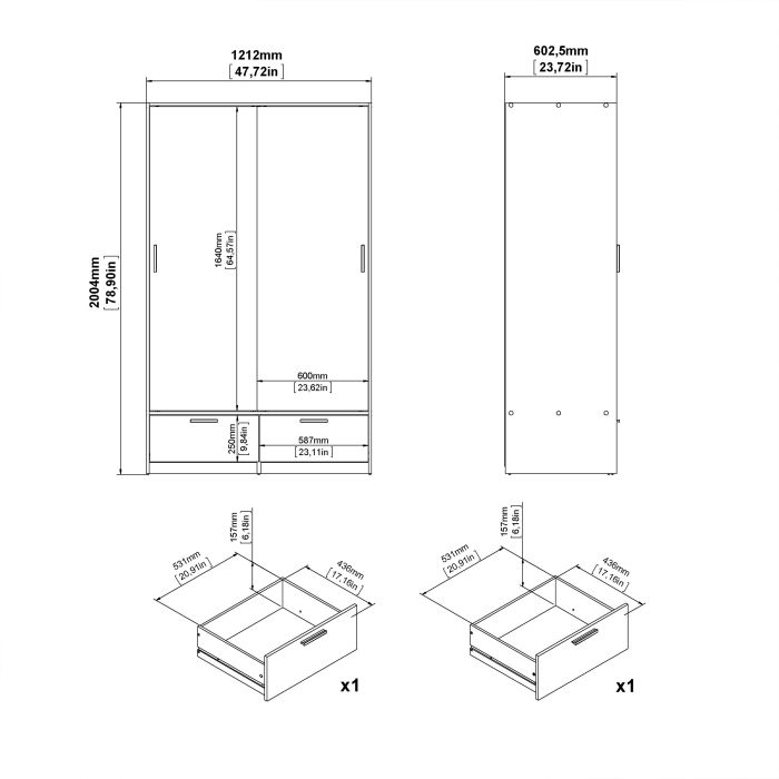 Line White & Concrete Sliding Wardrobe with 2 Drawers – Modern Bedroom Storage Wardrobe