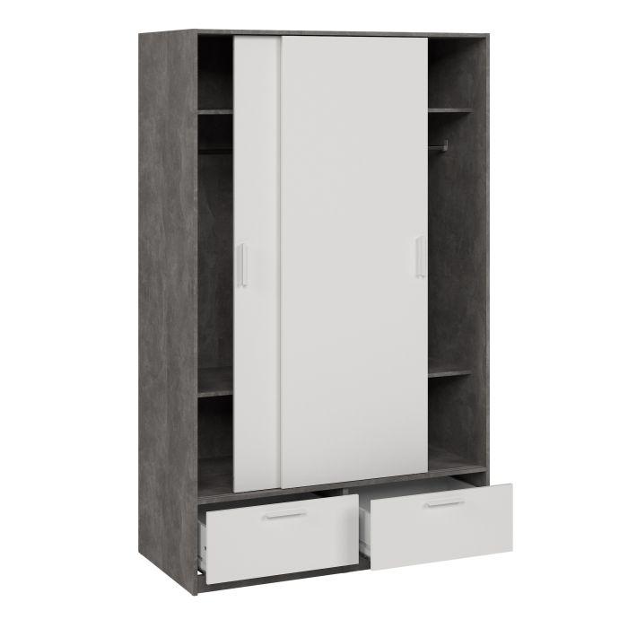 Line White & Concrete Sliding Wardrobe with 2 Drawers – Modern Bedroom Storage Wardrobe