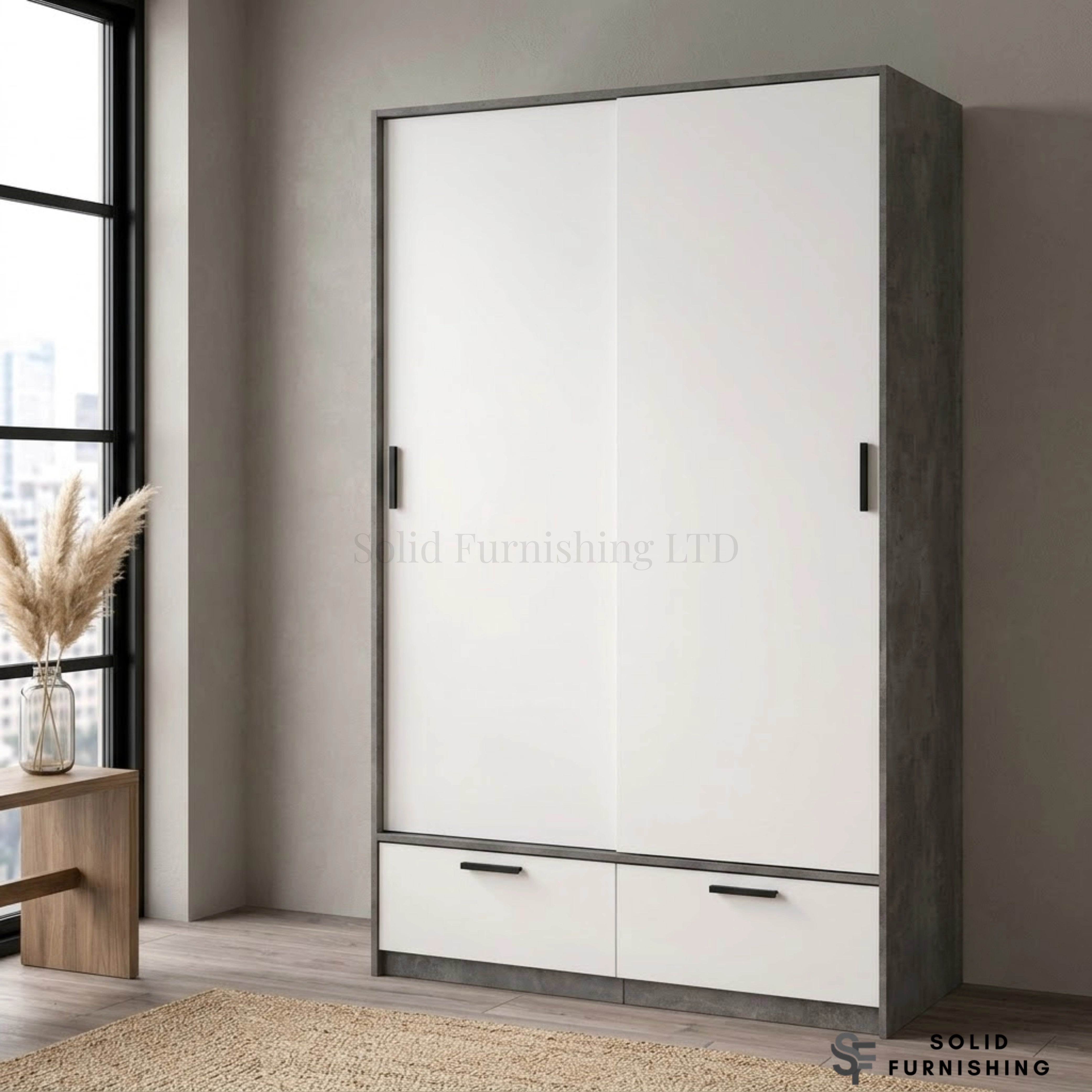 Line White & Concrete Sliding Wardrobe with 2 Drawers – Modern Bedroom Storage Wardrobe
