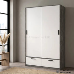 Line White & Concrete Sliding Wardrobe with 2 Drawers – Modern Bedroom Storage Wardrobe